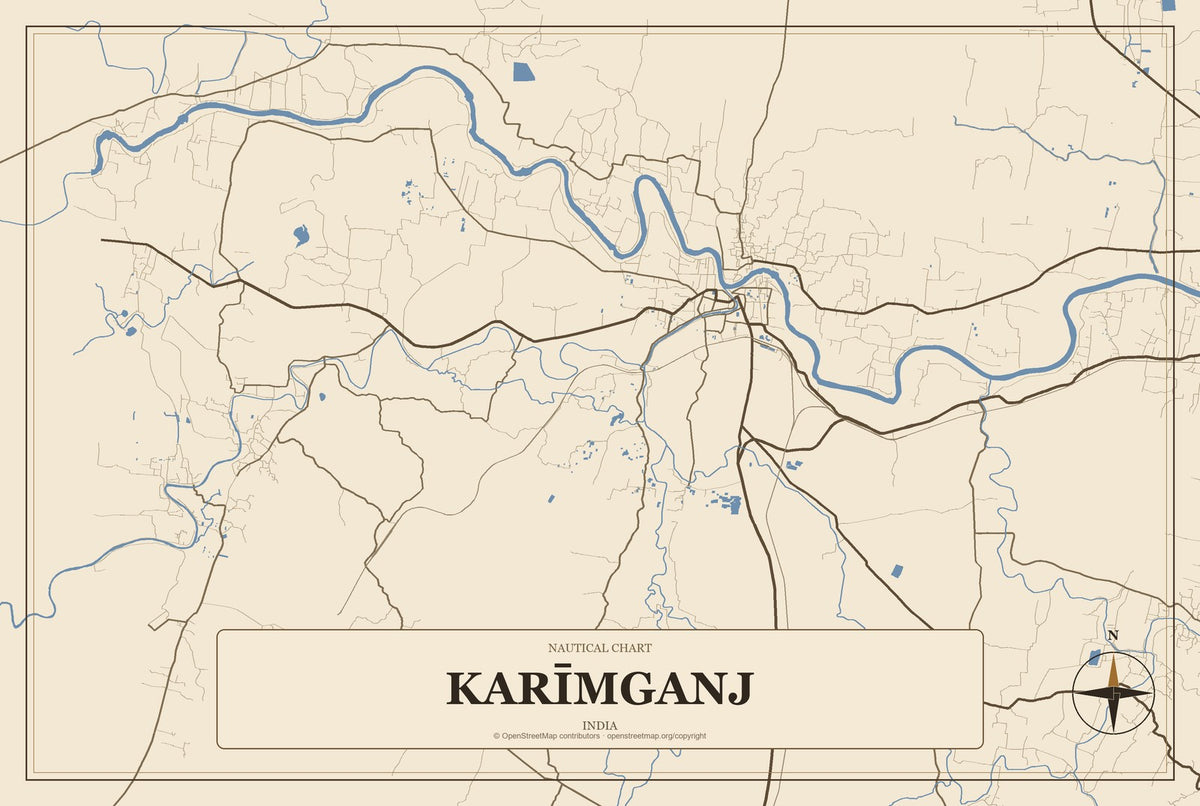 Karīmganj, India City Map Aluminum Sign in Heritage Nautical style