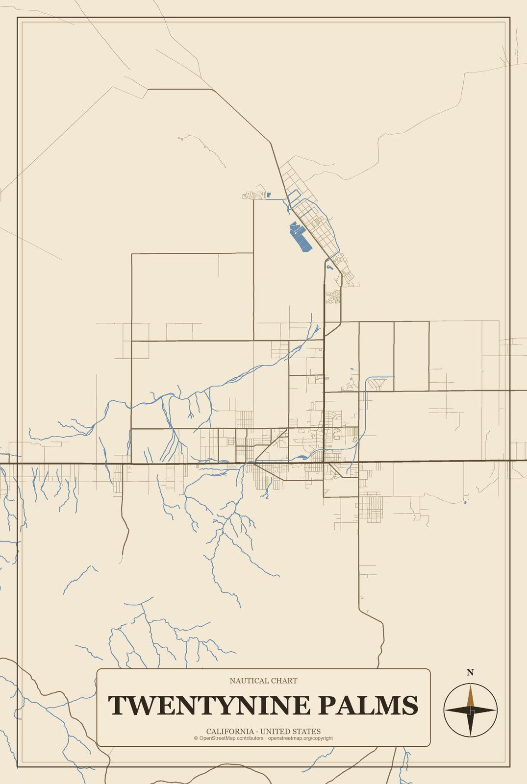 Twentynine Palms, California City Map Aluminum Sign in Heritage Nautical style