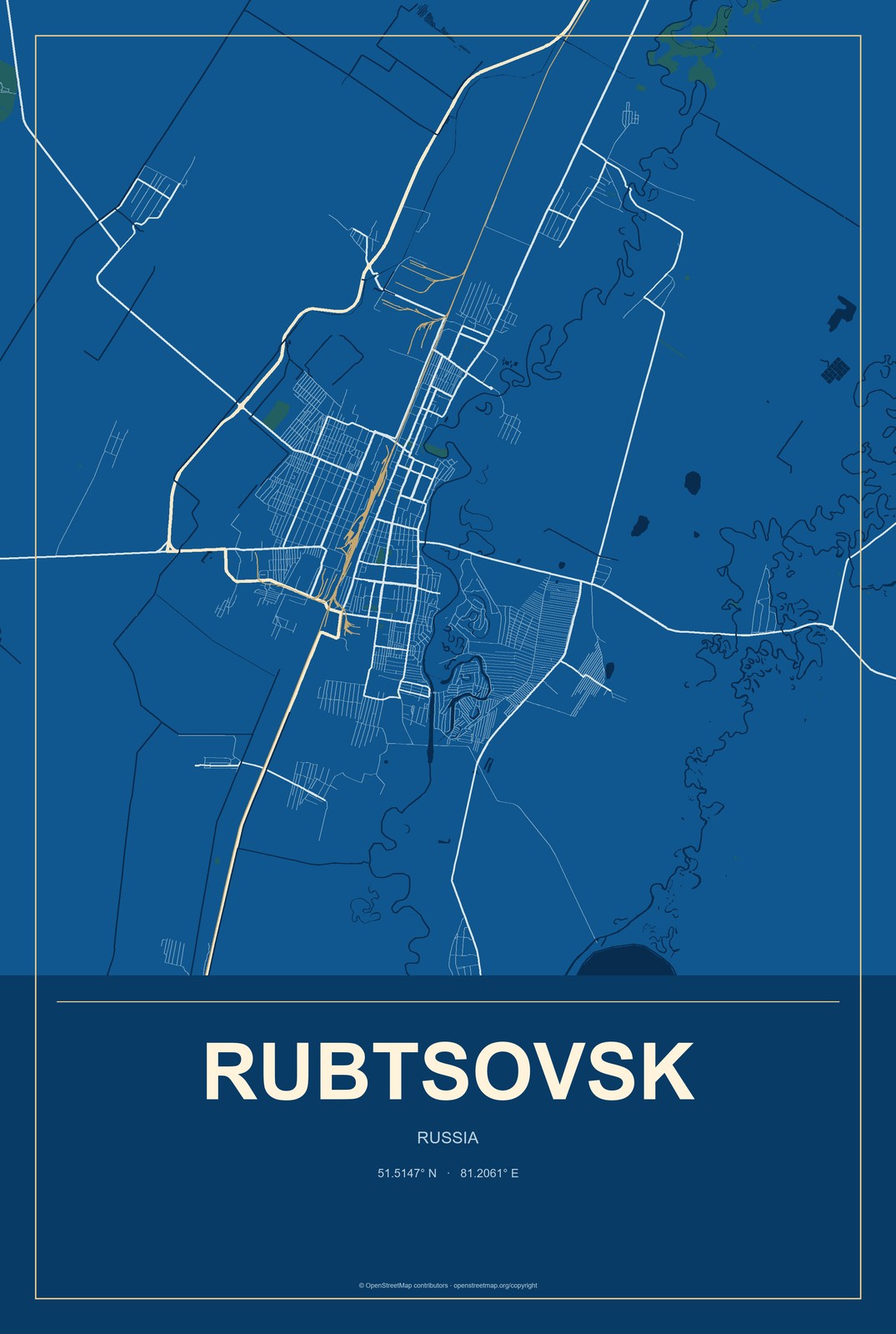 Rubtsovsk, Russia City Map Aluminum Sign in Harbor Cobalt style