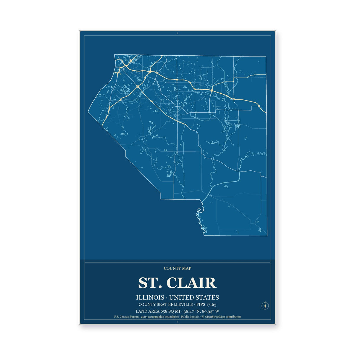 St. Clair County, Illinois Map Aluminum Sign in Harbor Cobalt style