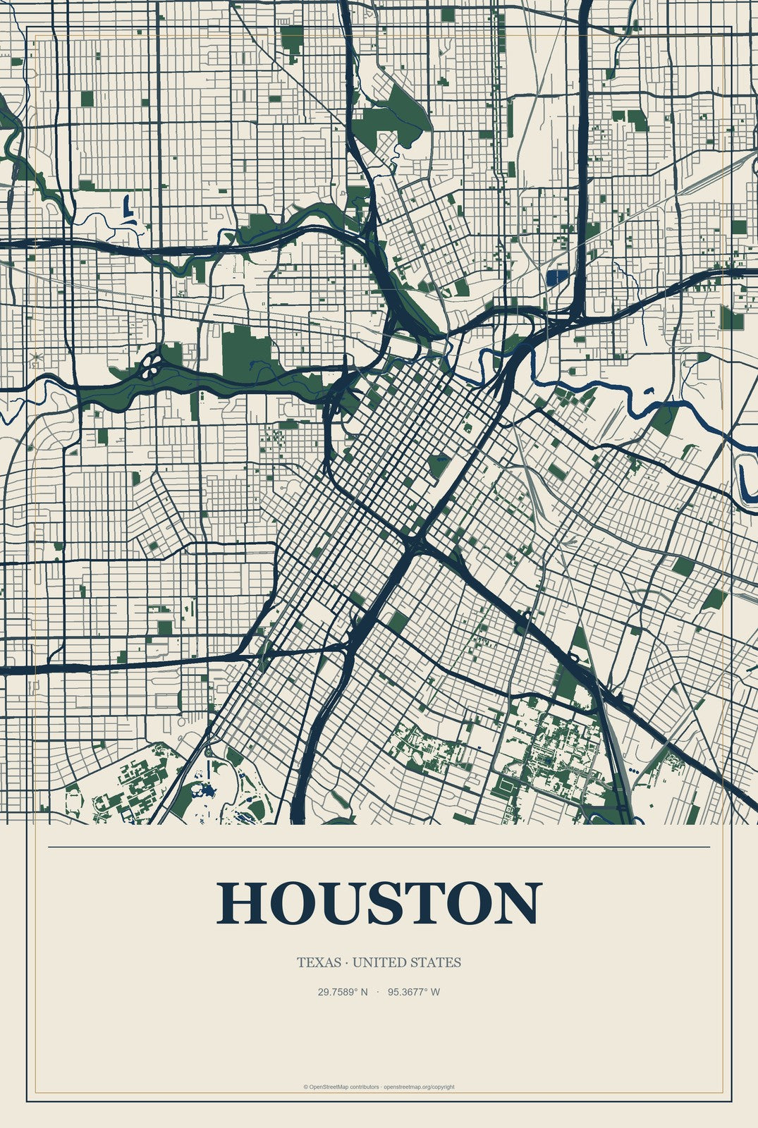 Houston, Texas City Map Aluminum Sign in Coastal Cutout style