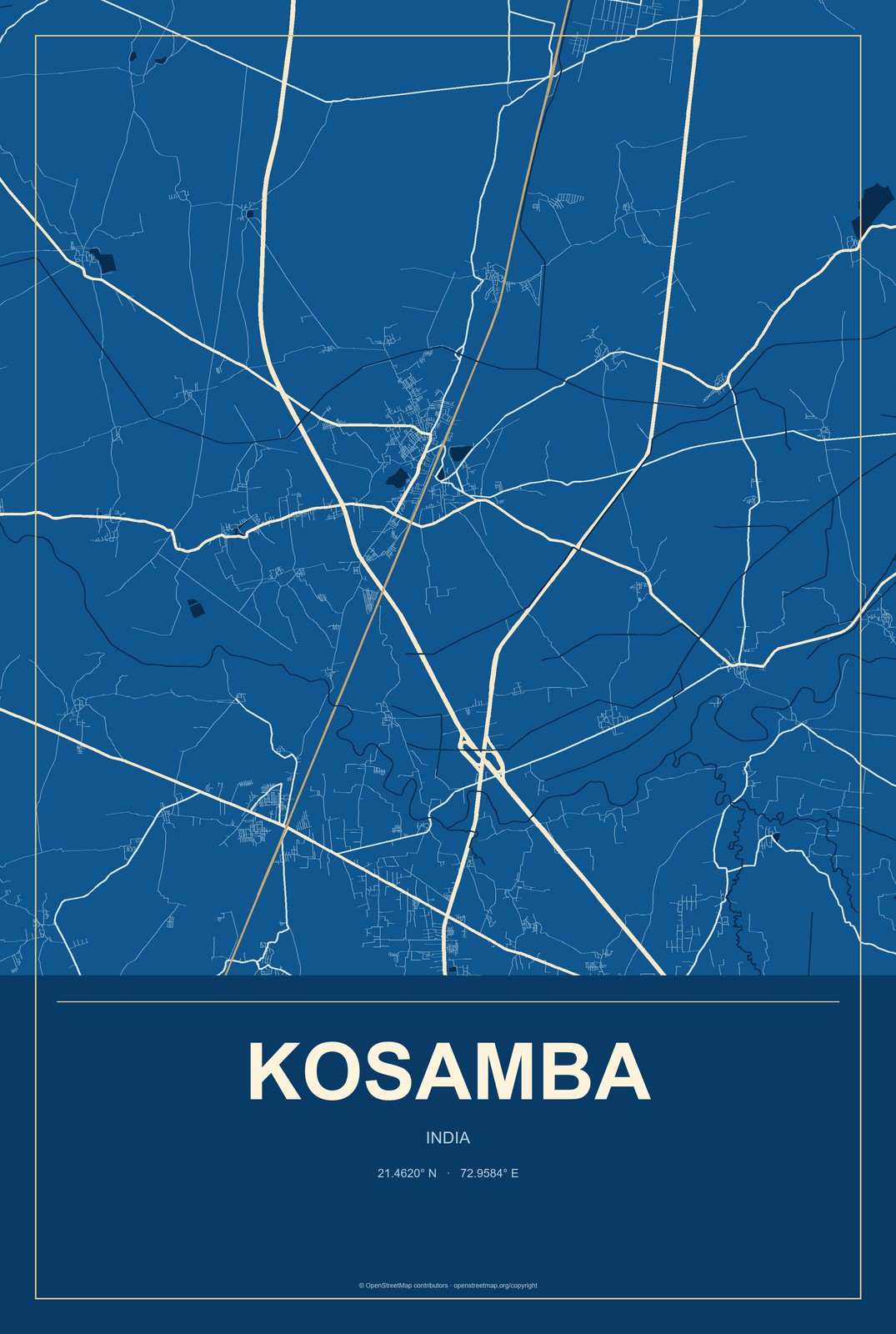 Kosamba, India City Map Aluminum Sign in Harbor Cobalt style