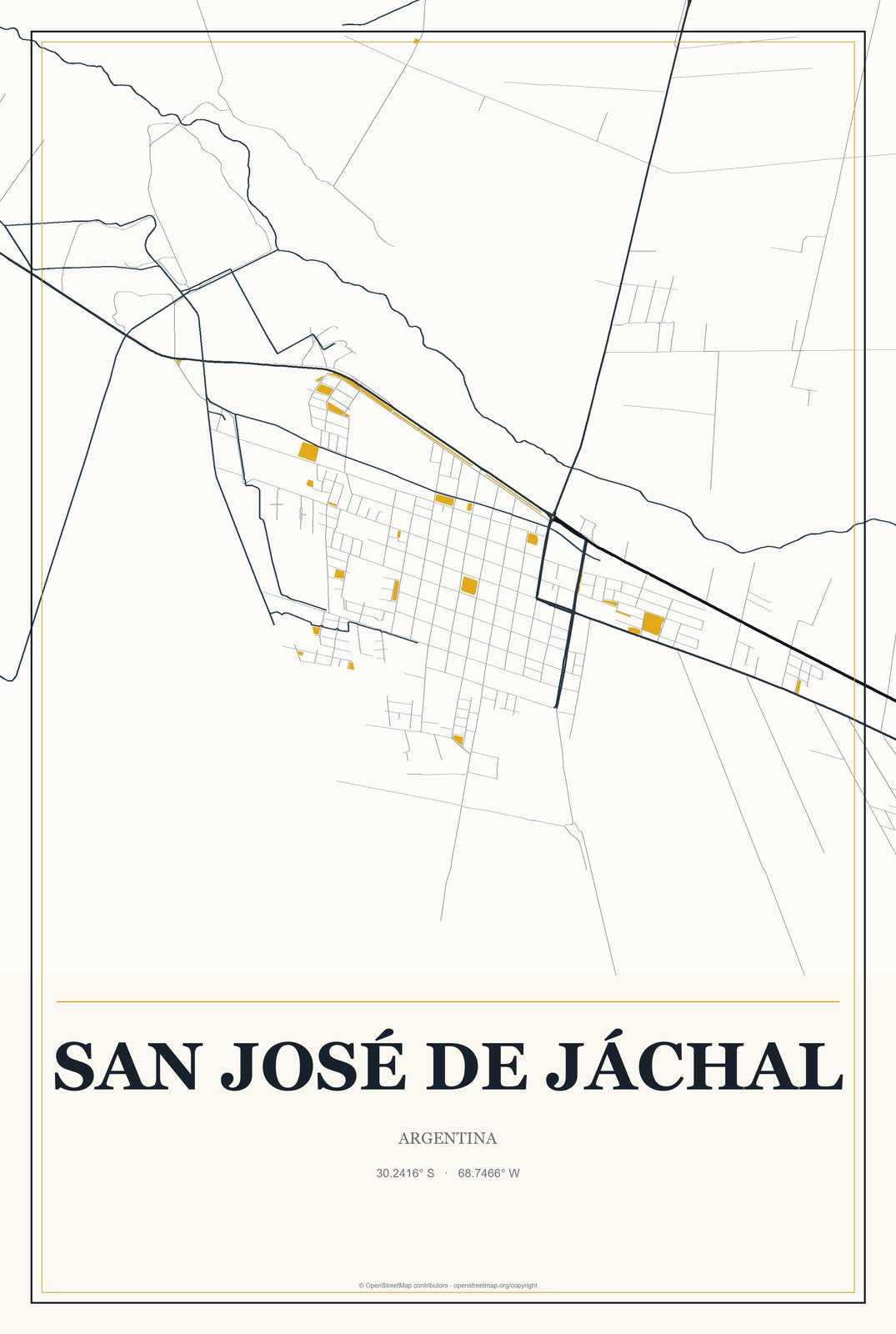 San José de Jáchal, Argentina City Map Aluminum Sign in Citrine Modern style