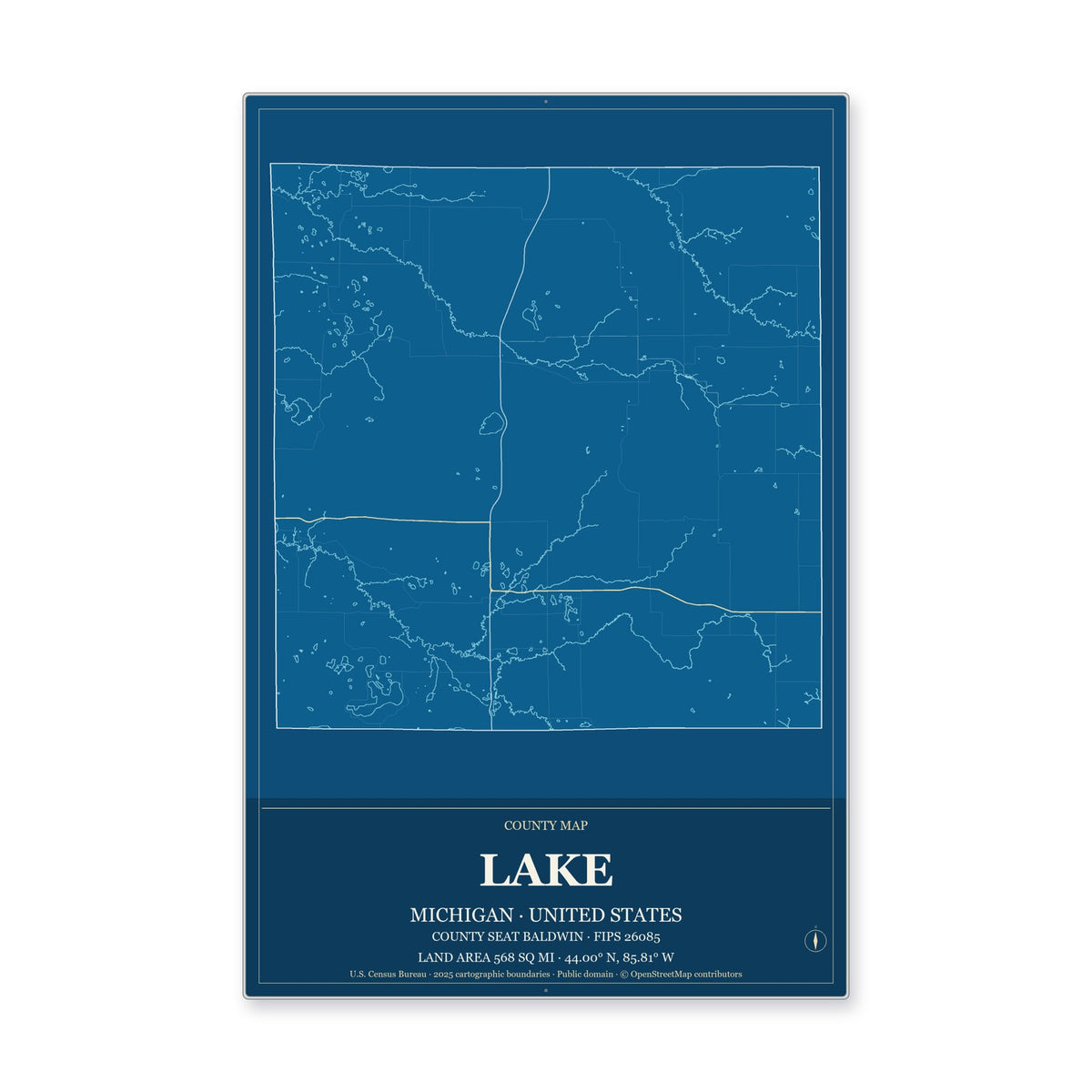 Lake County, Michigan Map Aluminum Sign in Harbor Cobalt style