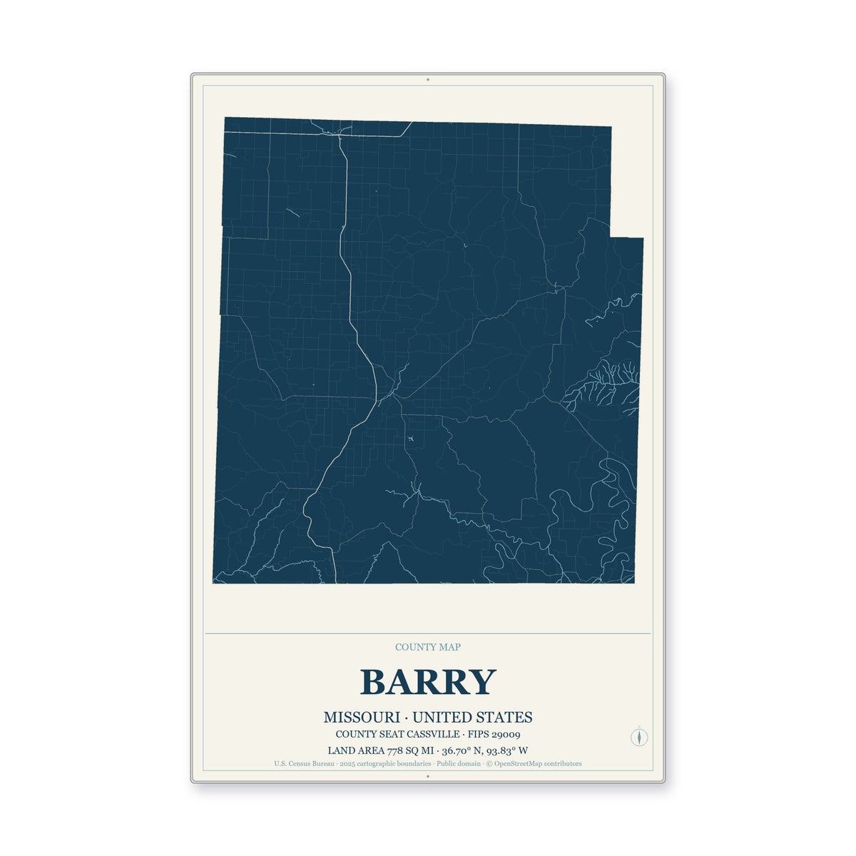 Barry County, Missouri Map Aluminum Sign in Coastal Cutout style