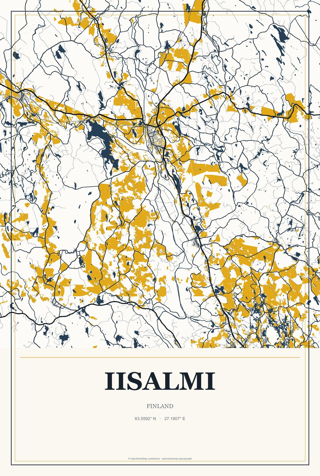 Iisalmi, Finland City Map Aluminum Sign in Citrine Modern style