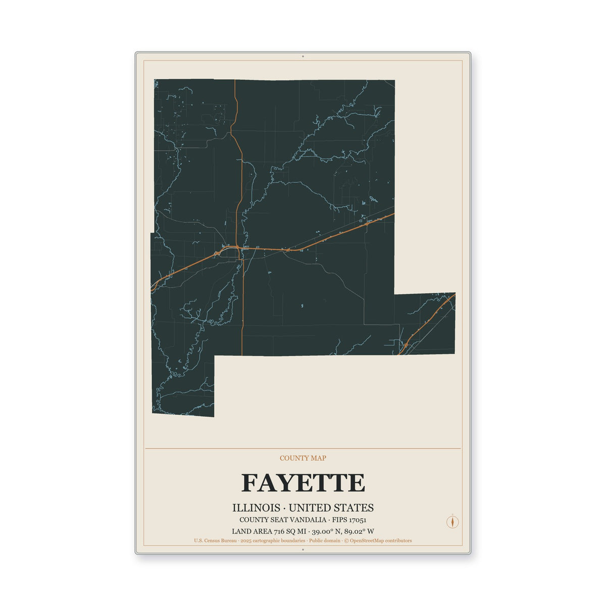 Fayette County, Illinois Map Aluminum Sign in Headline Atlas style