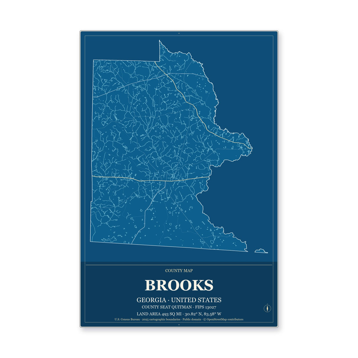 Brooks County, Georgia Map Aluminum Sign in Harbor Cobalt style