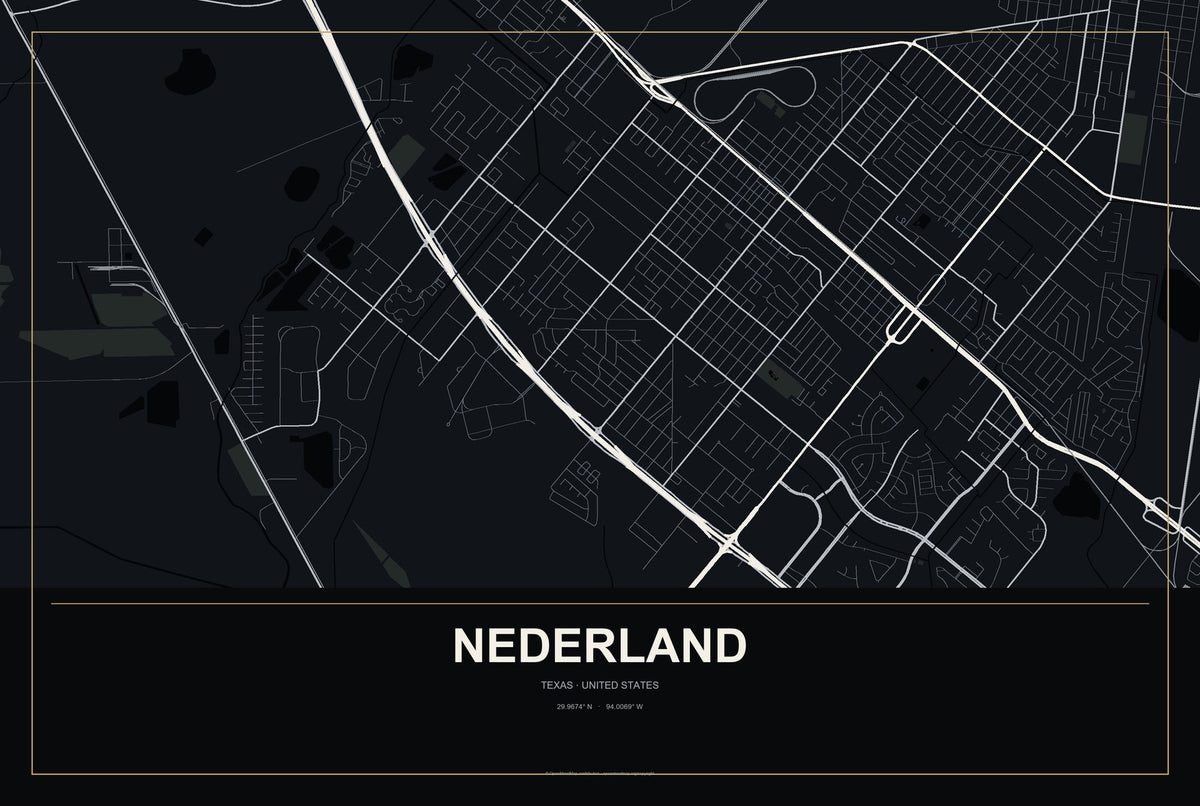 Nederland, Texas City Map Aluminum Sign in Metropolitan Noir style