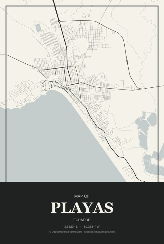Playas, Ecuador City Map Aluminum Sign in Museum Plaque style