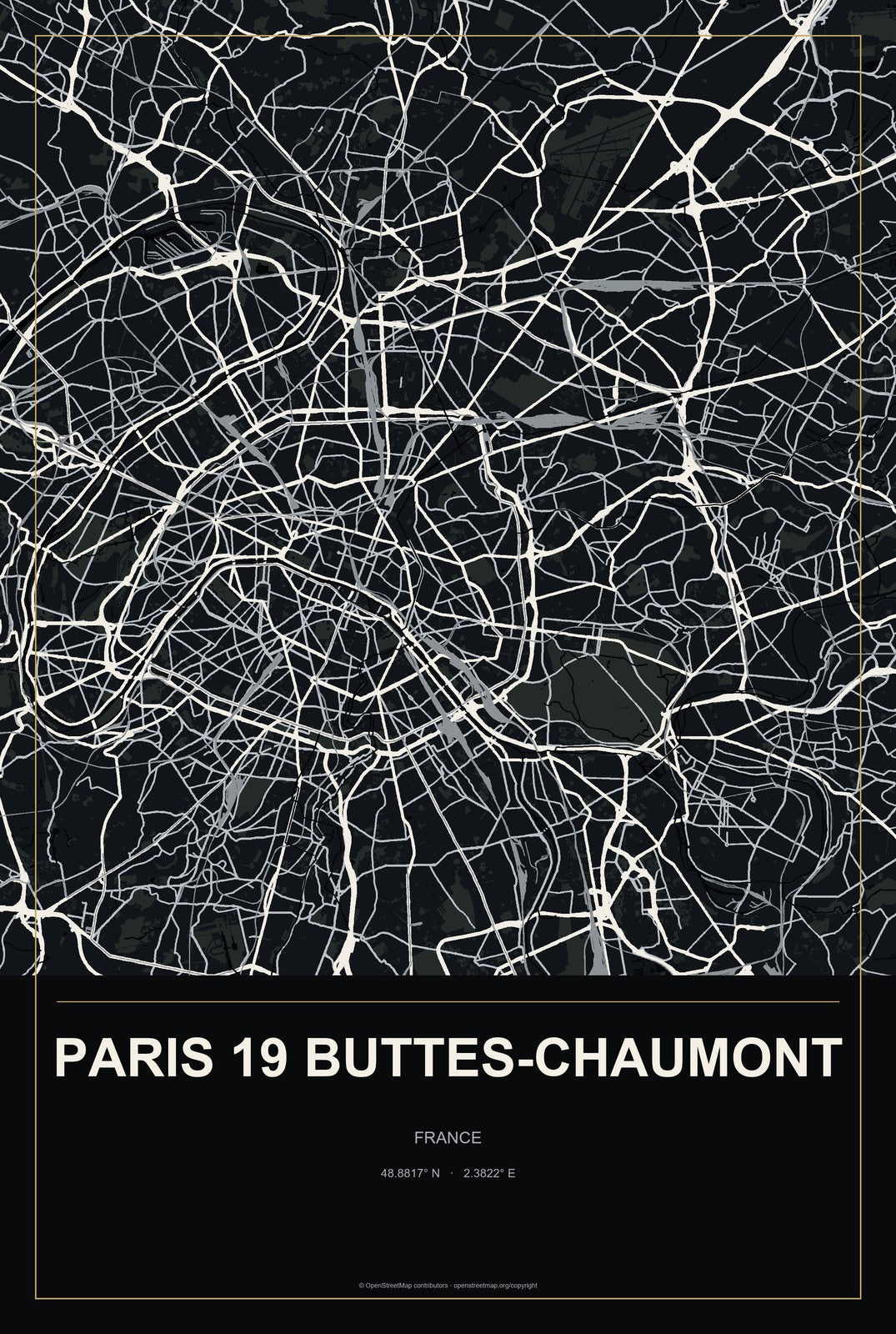 Paris 19 Buttes-Chaumont, France City Map Aluminum Sign in Metropolitan Noir style