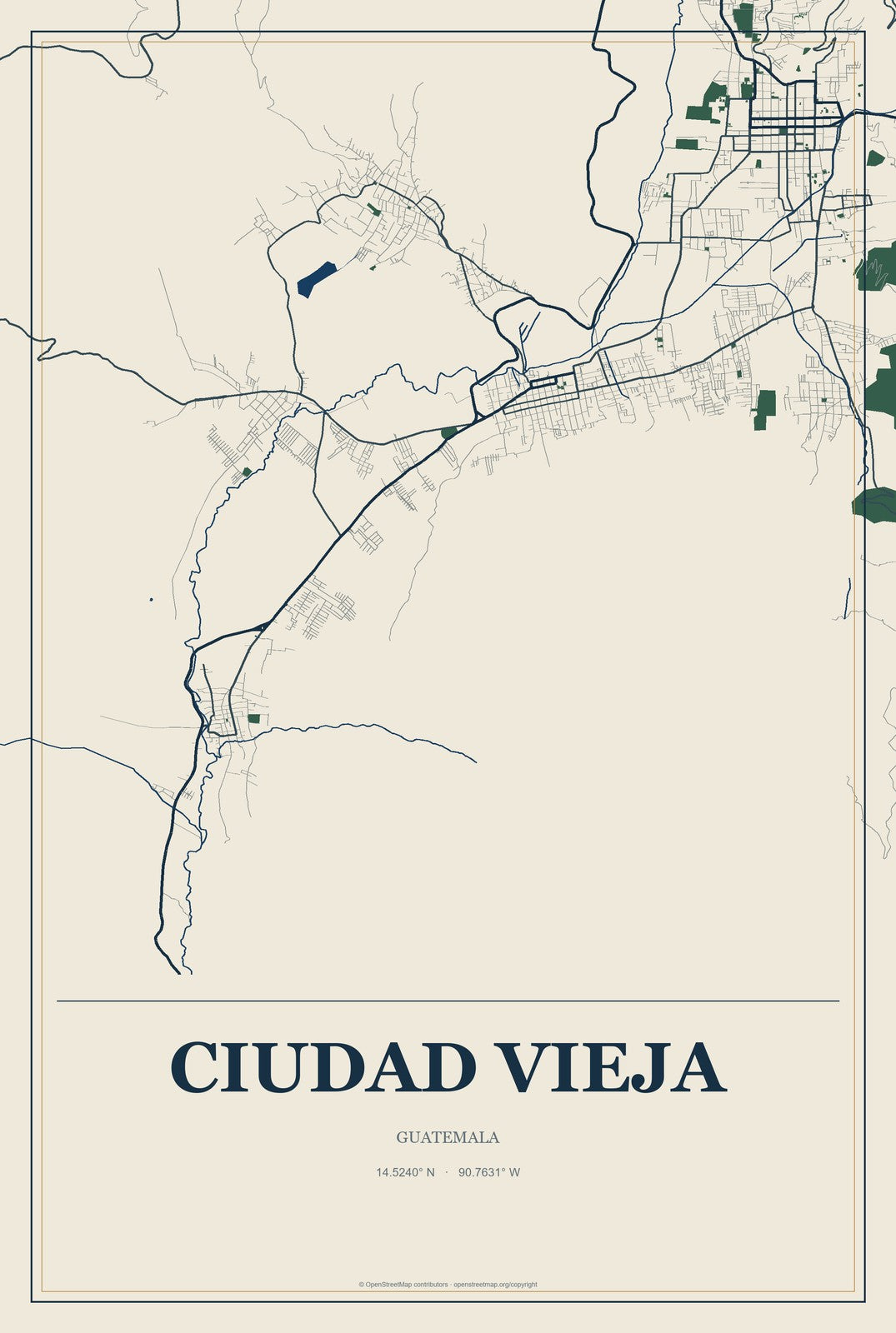 Ciudad Vieja, Guatemala City Map Aluminum Sign in Coastal Cutout style