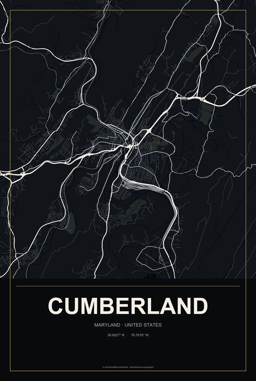 Cumberland, Maryland City Map Aluminum Sign in Metropolitan Noir style