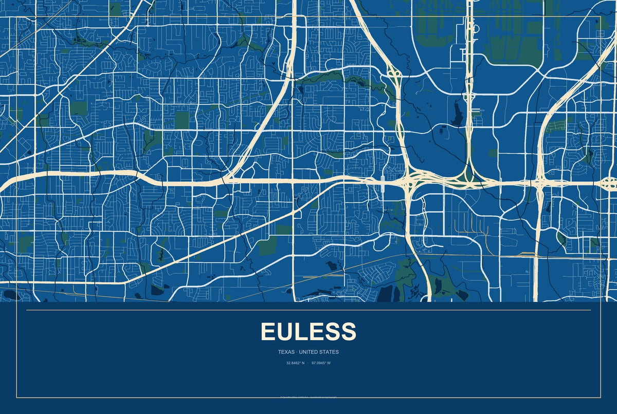 Euless, Texas City Map Aluminum Sign in Harbor Cobalt style