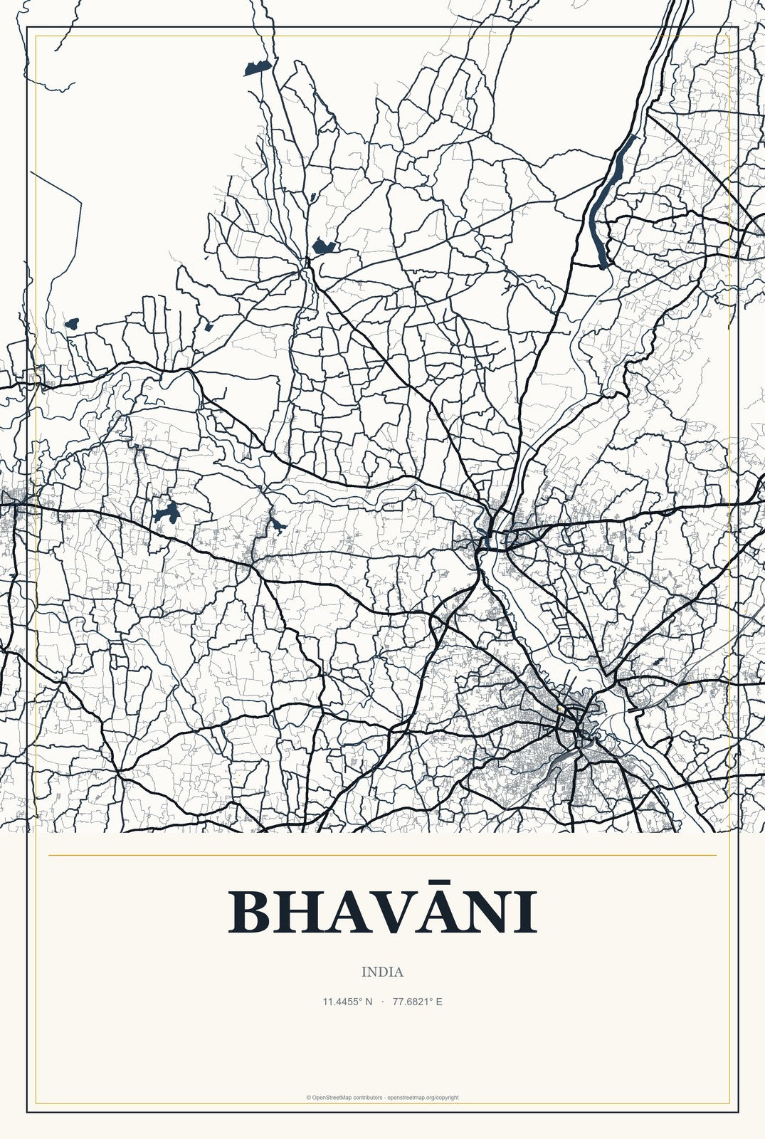 Bhavāni, India City Map Aluminum Sign in Citrine Modern style