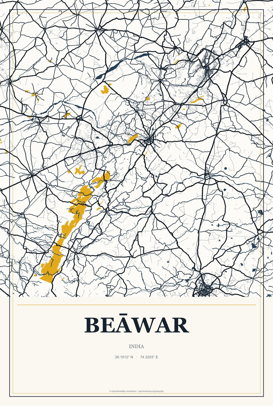 Beāwar, India City Map Aluminum Sign in Citrine Modern style