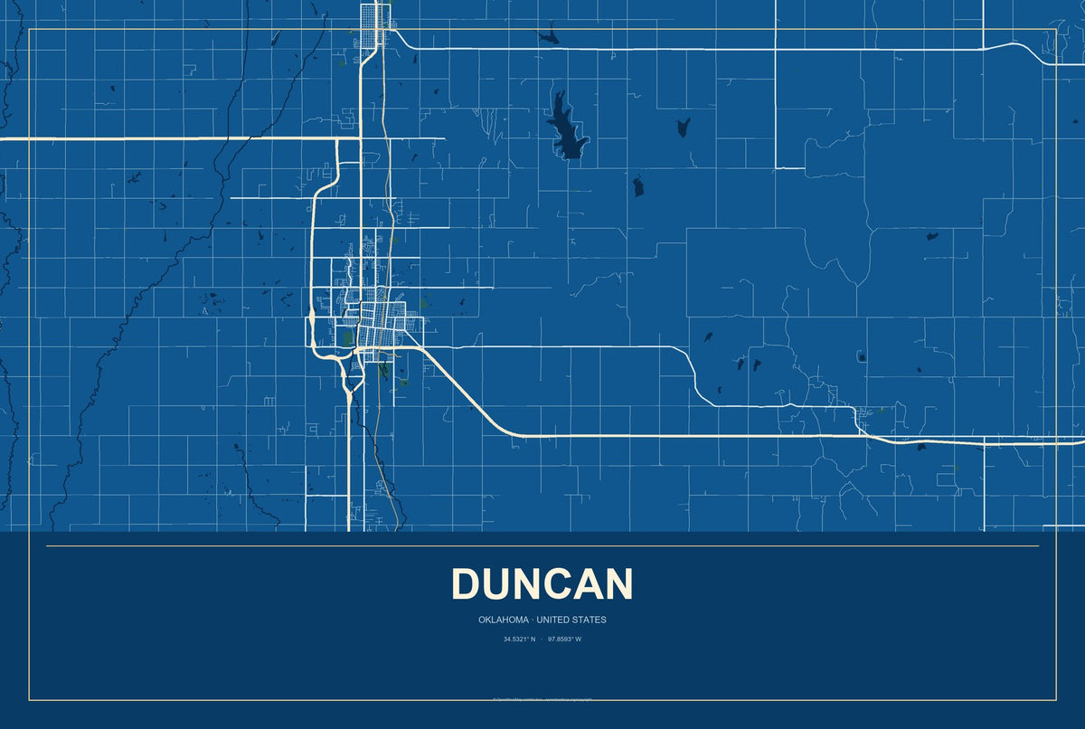 Duncan, Oklahoma City Map Aluminum Sign in Harbor Cobalt style