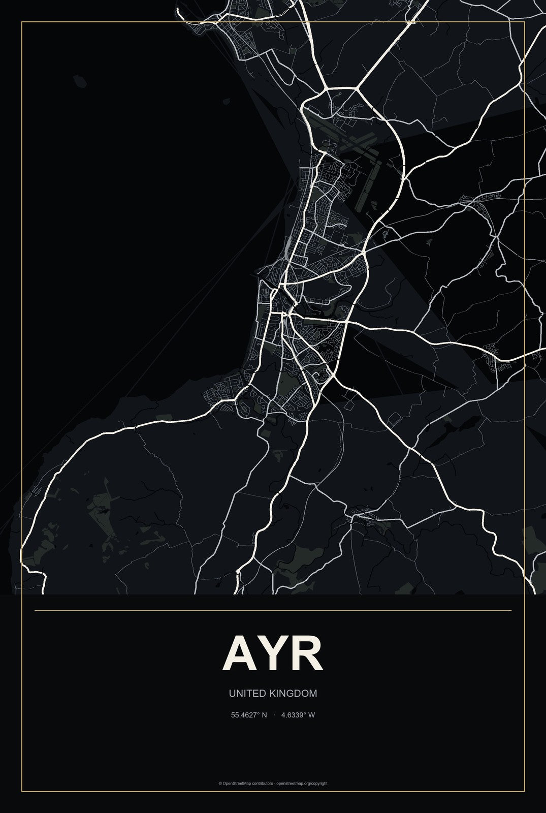 Ayr, United Kingdom City Map Aluminum Sign in Metropolitan Noir style