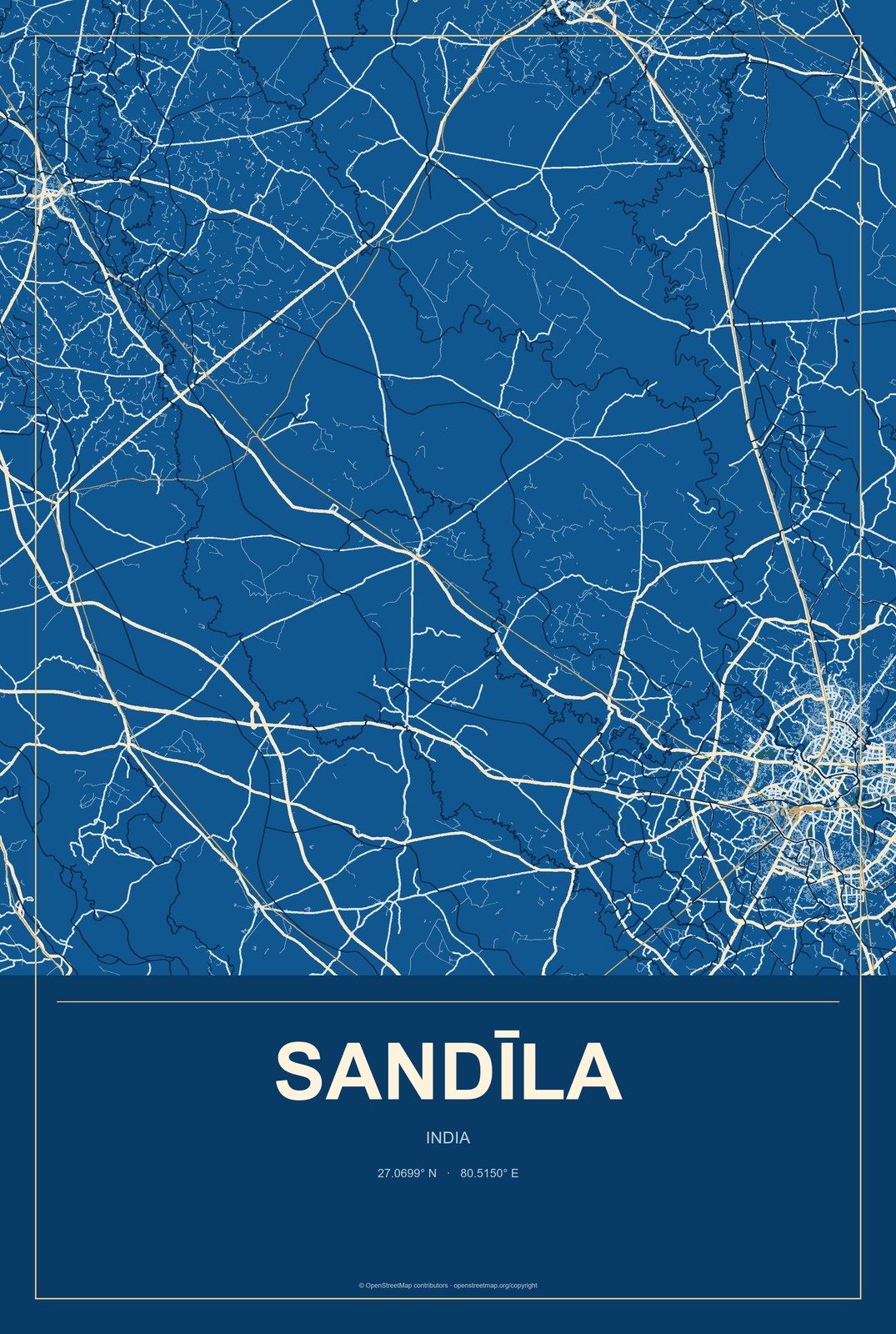 Sandīla, India City Map Aluminum Sign in Harbor Cobalt style