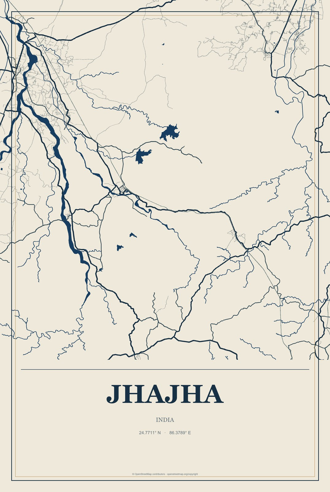 Jhajha, India City Map Aluminum Sign in Coastal Cutout style