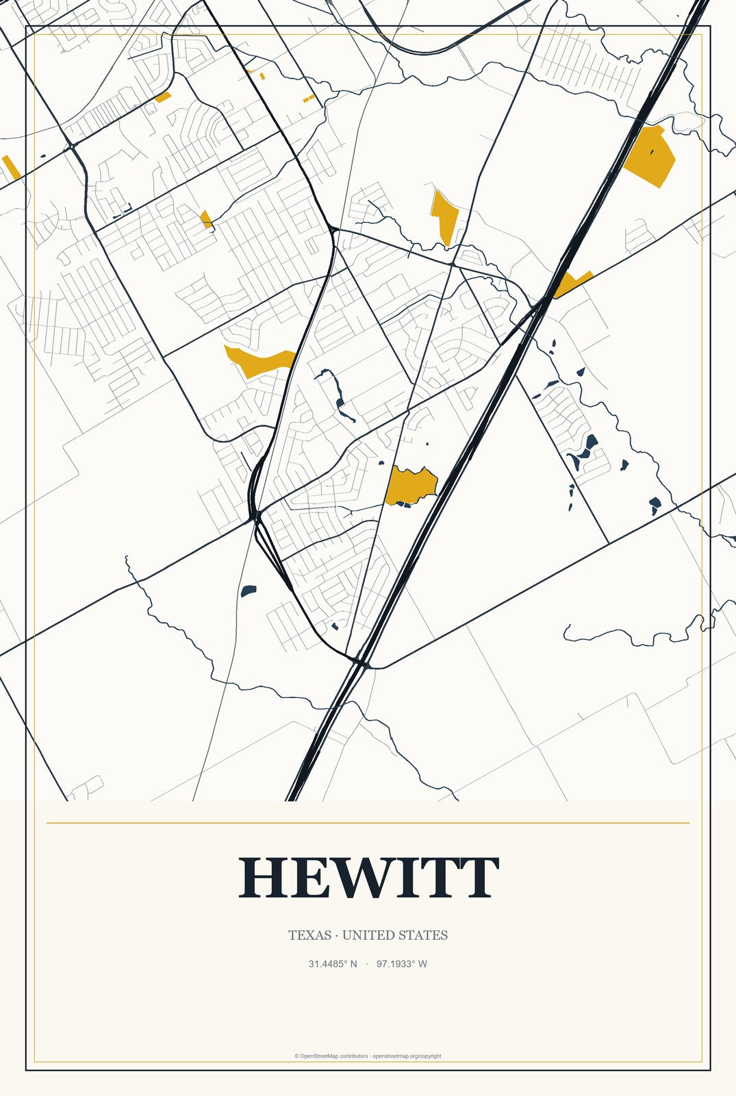 Hewitt, Texas City Map Aluminum Sign in Citrine Modern style