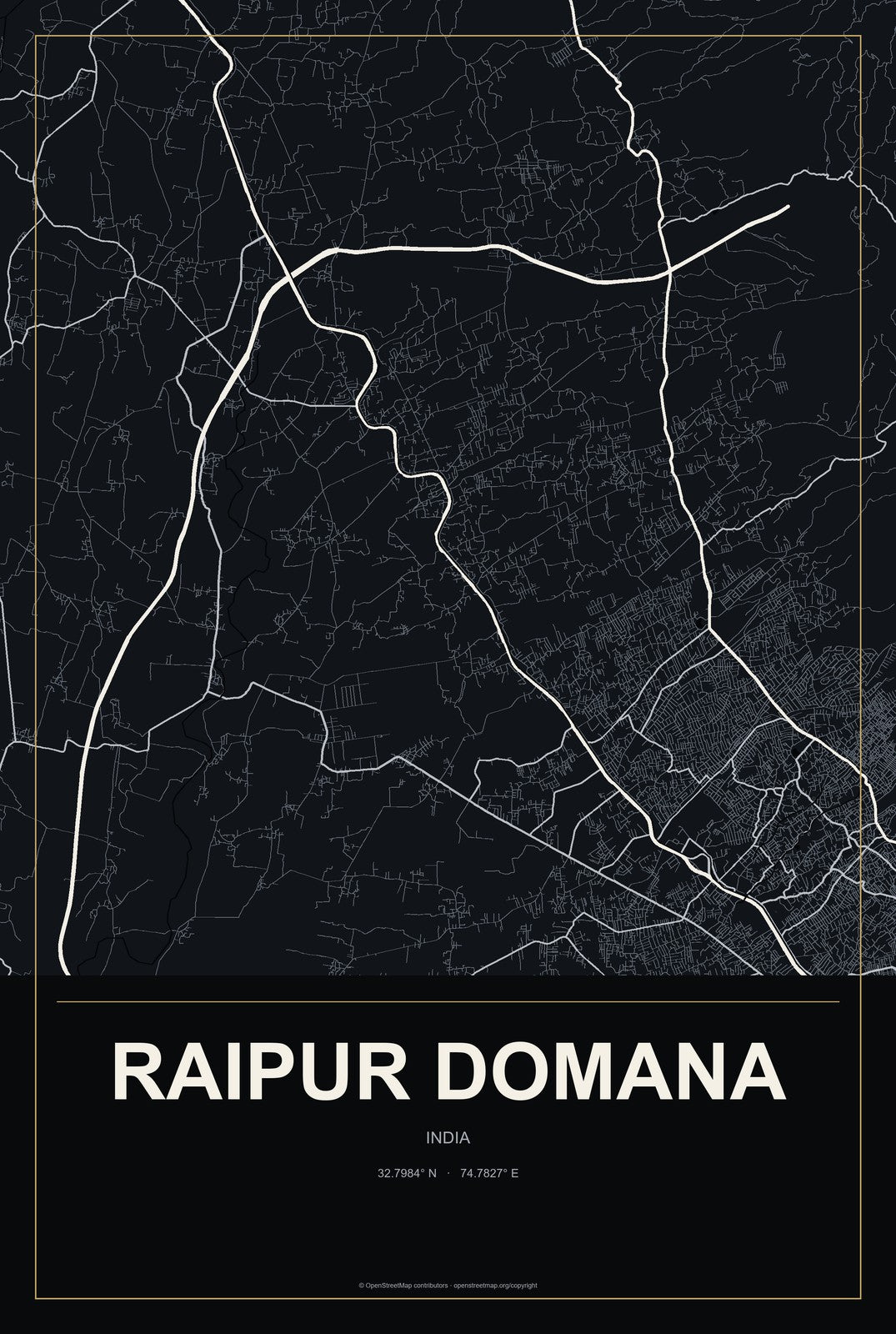 Raipur Domana, India City Map Aluminum Sign in Metropolitan Noir style