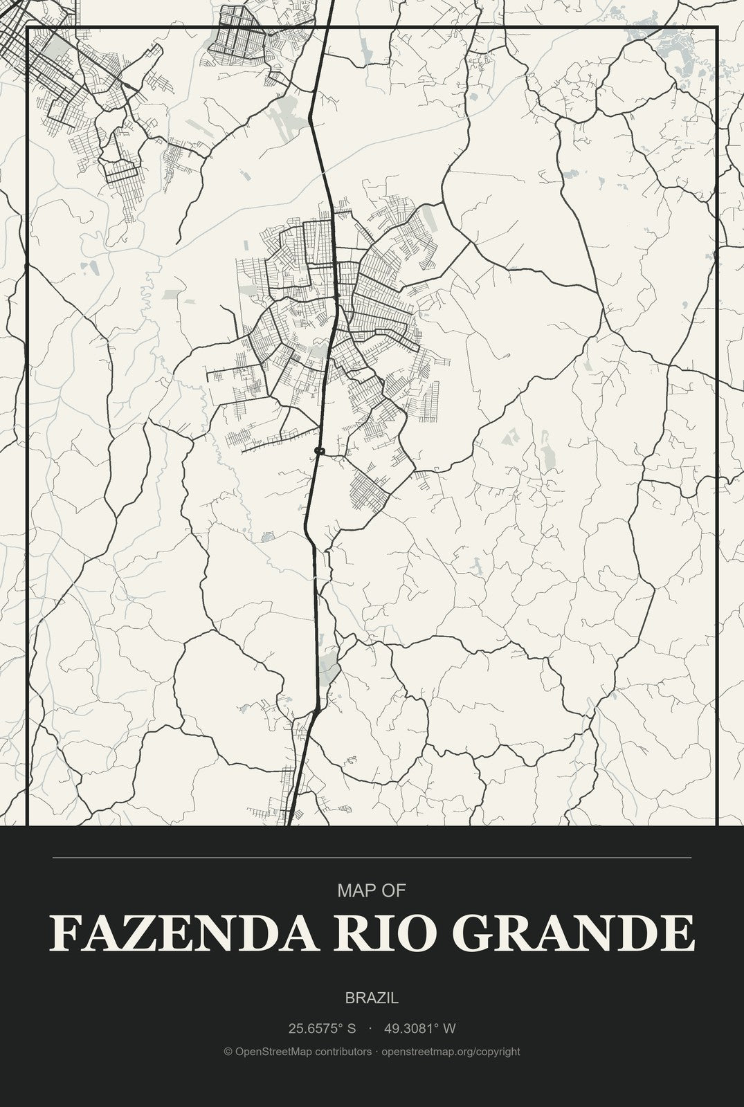 Fazenda Rio Grande, Brazil City Map Aluminum Sign in Museum Plaque style