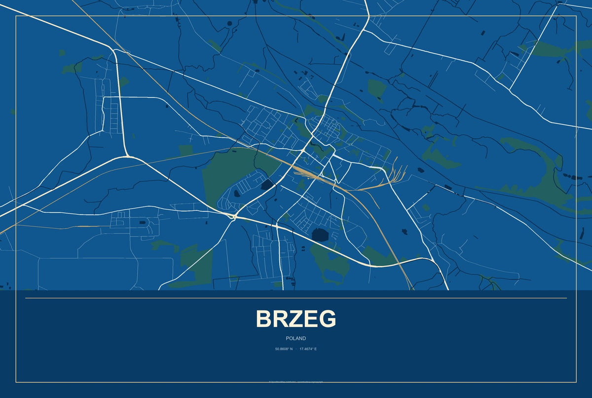 Brzeg, Poland City Map Aluminum Sign in Harbor Cobalt style