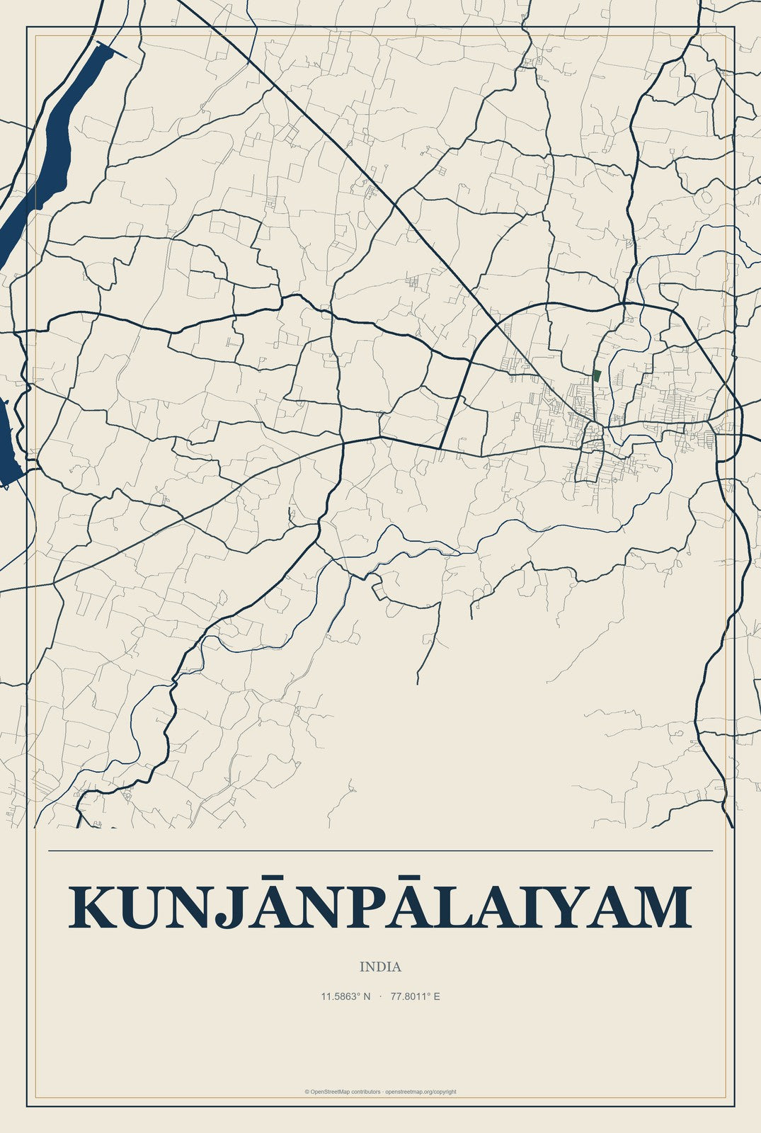 Kunjānpālaiyam, India City Map Aluminum Sign in Coastal Cutout style