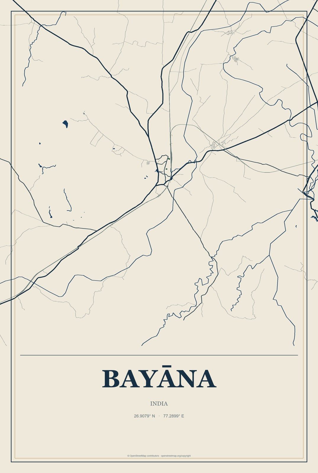 Bayāna, India City Map Aluminum Sign in Coastal Cutout style