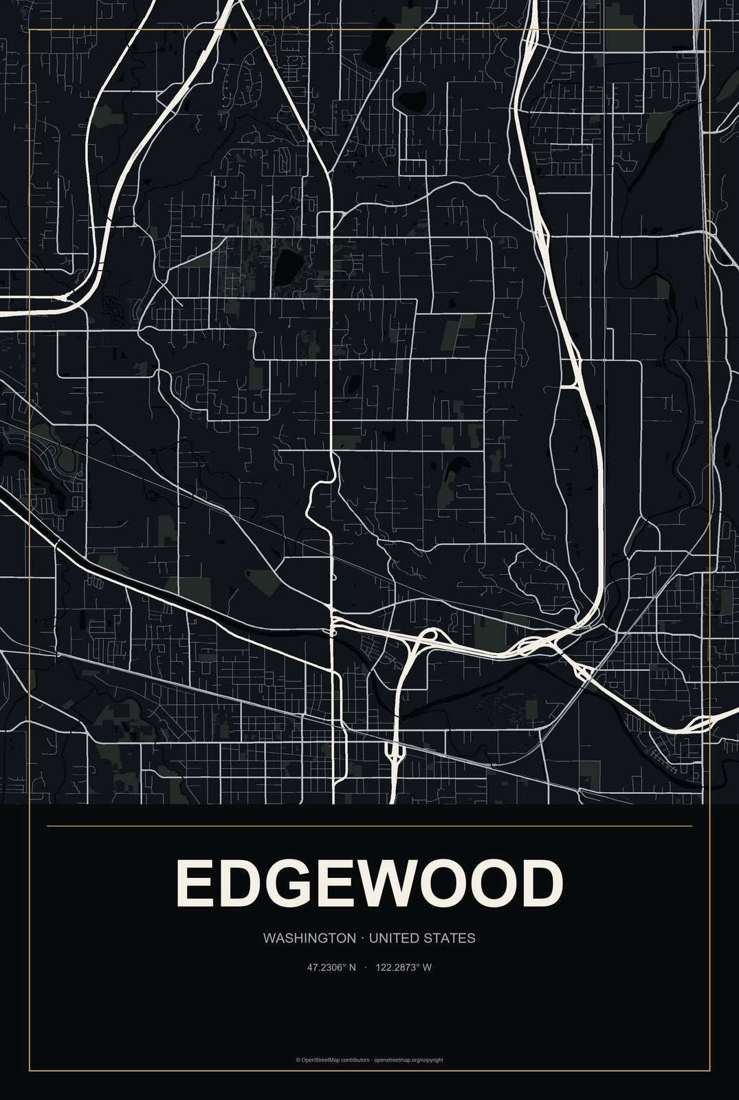 Edgewood, Washington City Map Aluminum Sign in Metropolitan Noir style