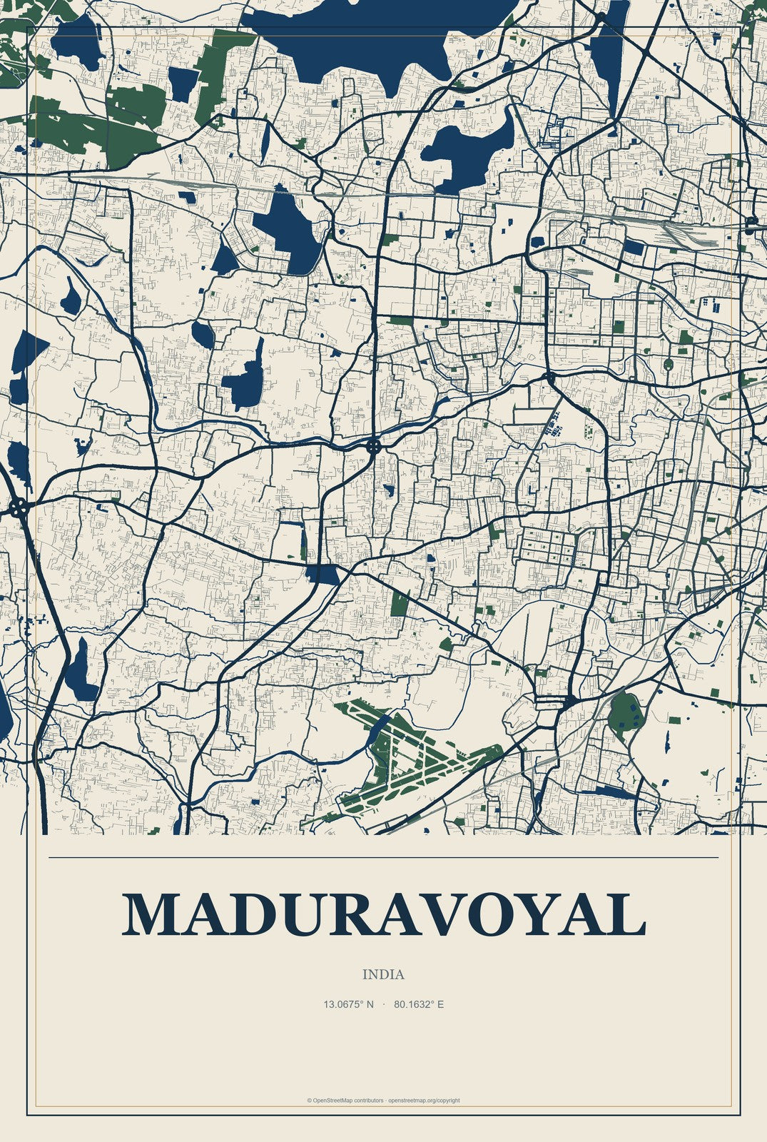 Maduravoyal, India City Map Aluminum Sign in Coastal Cutout style