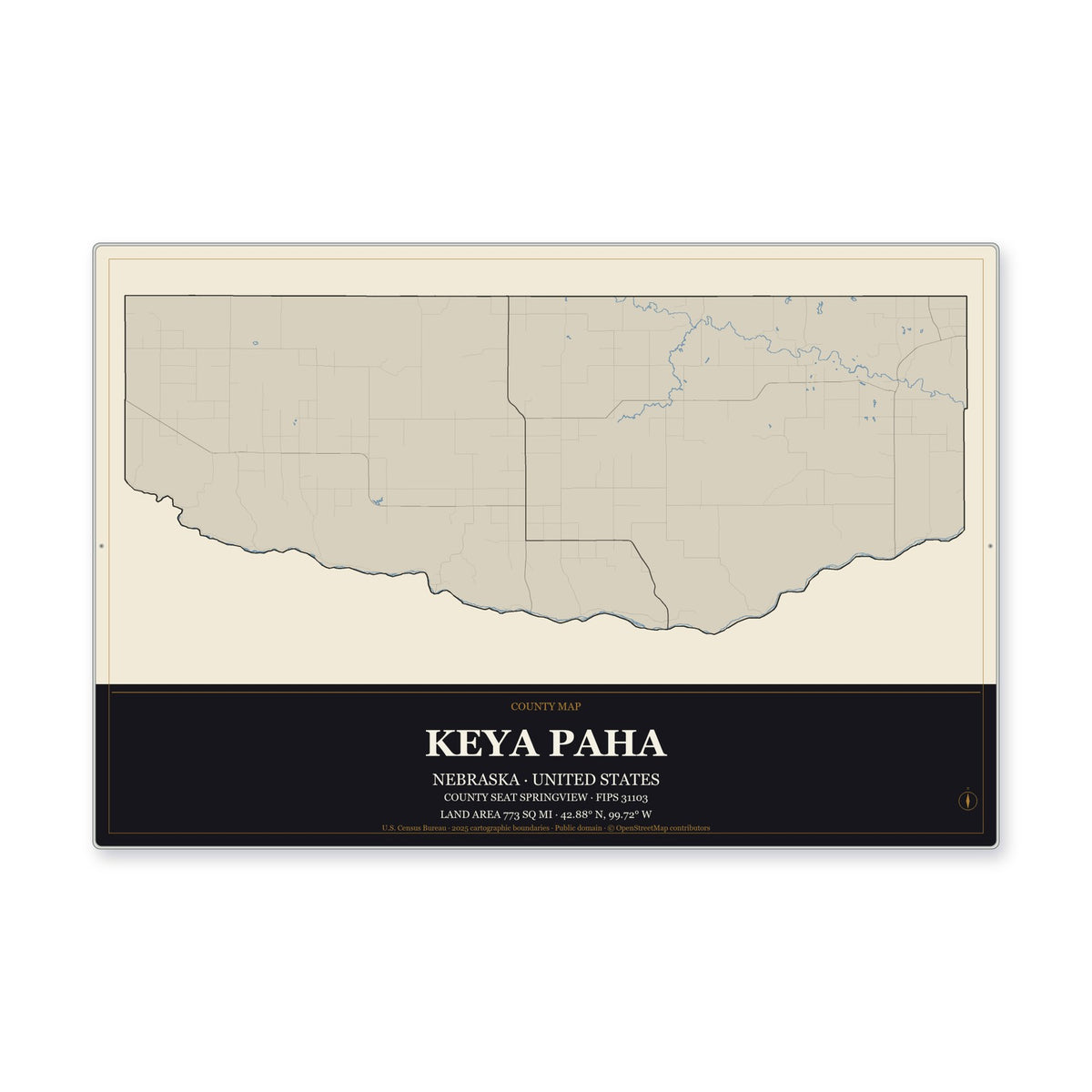 Keya Paha County, Nebraska Map Aluminum Sign in Museum Plaque style