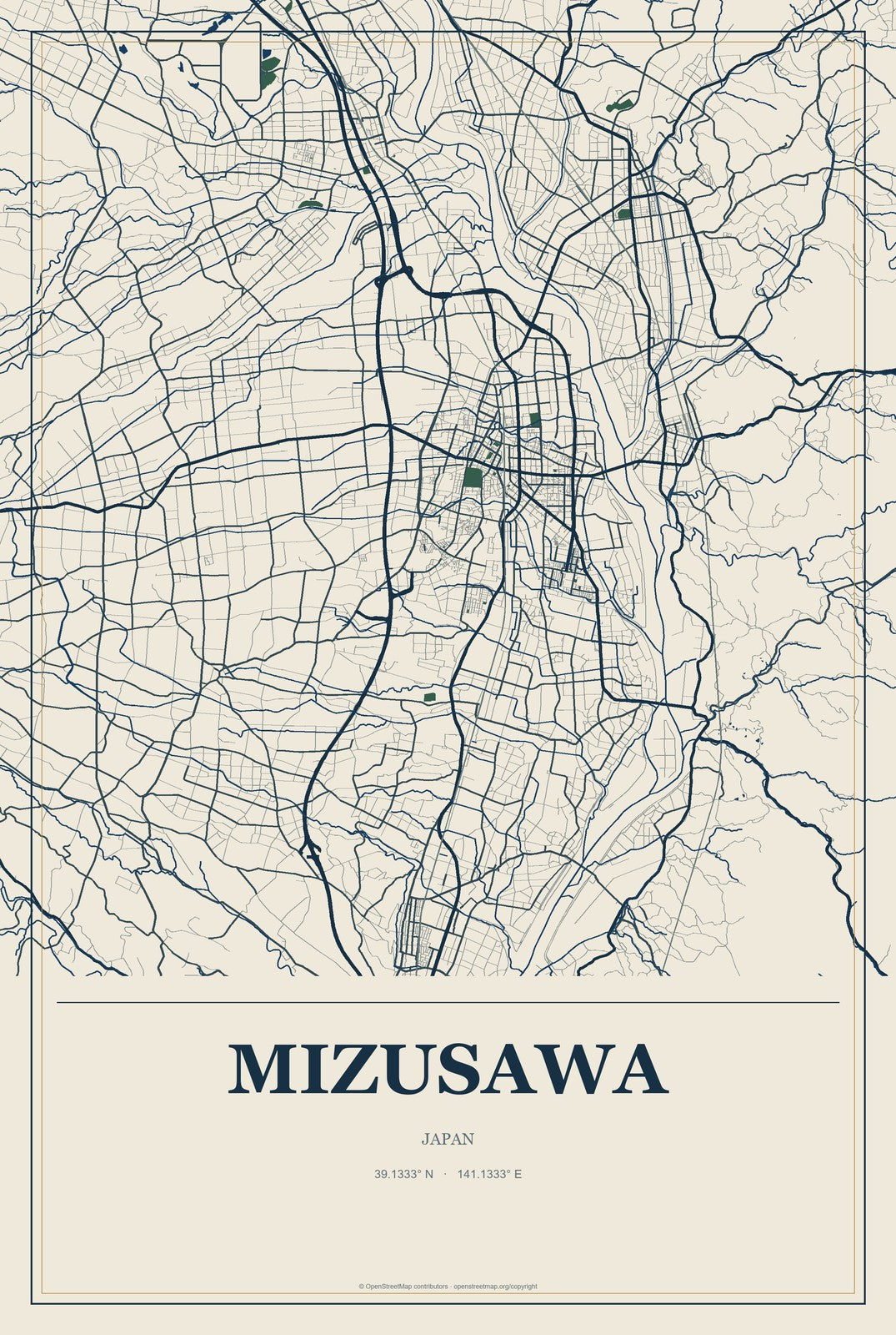 Mizusawa, Japan City Map Aluminum Sign in Coastal Cutout style