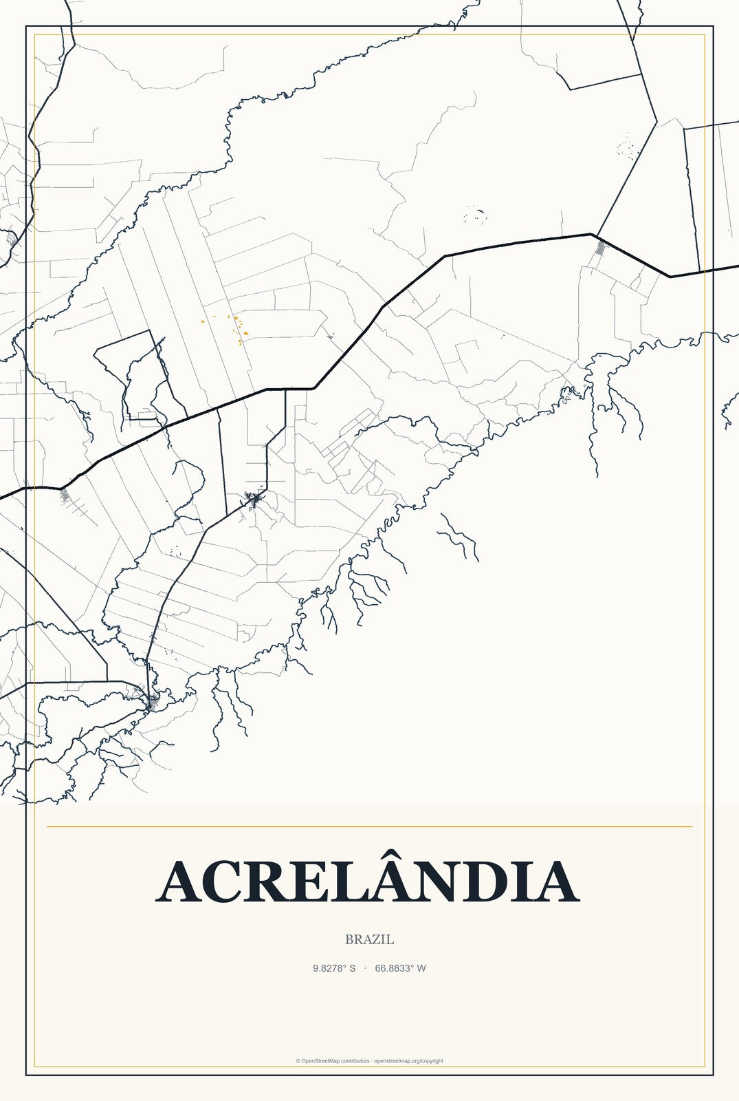 Acrelândia, Brazil City Map Aluminum Sign in Citrine Modern style