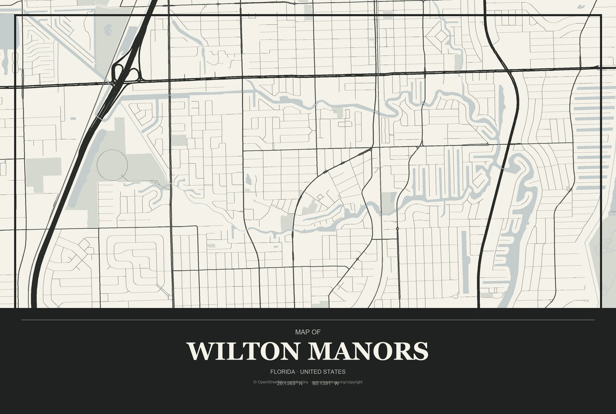 Wilton Manors, Florida City Map Aluminum Sign in Museum Plaque style