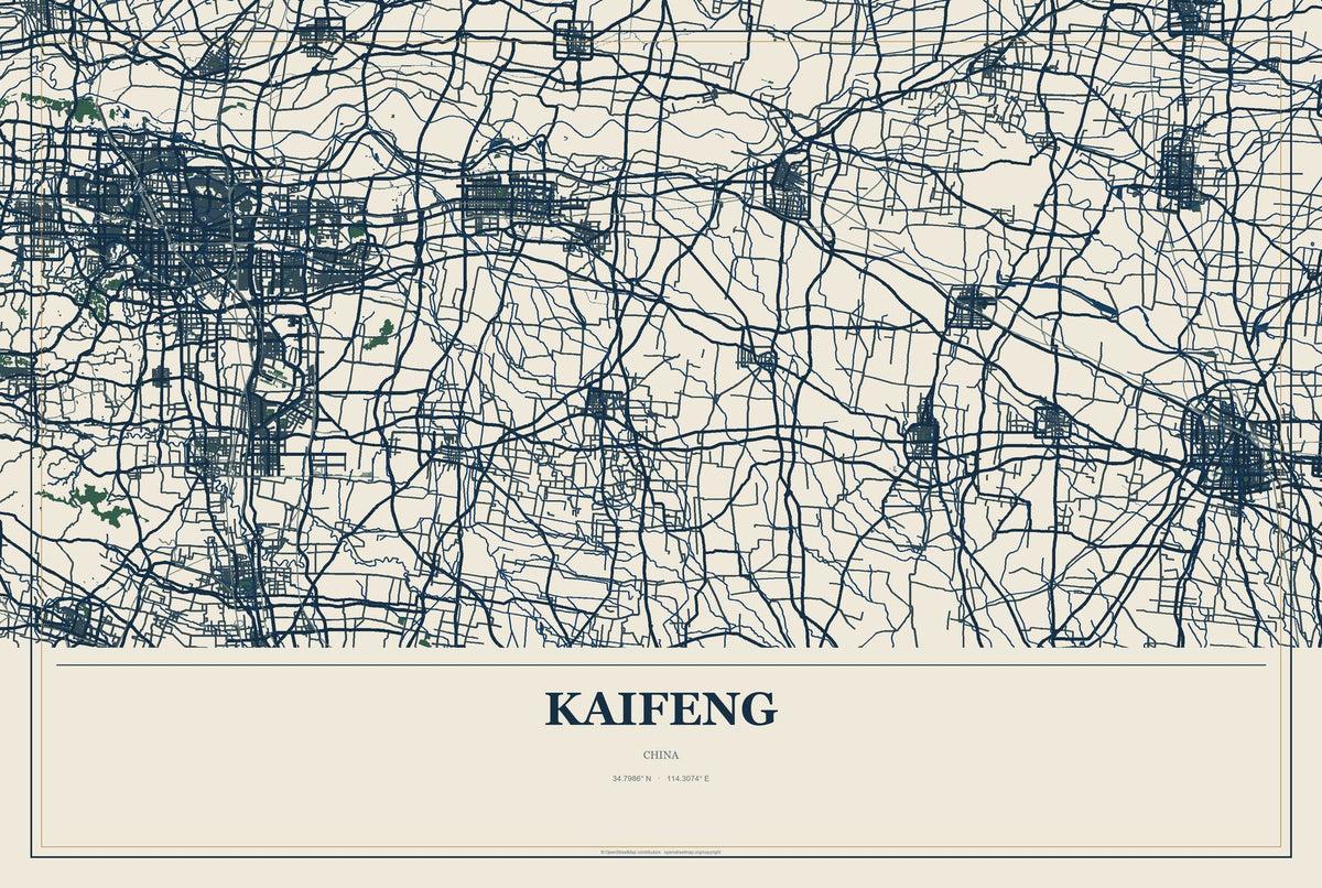 Kaifeng, China City Map Aluminum Sign in Coastal Cutout style