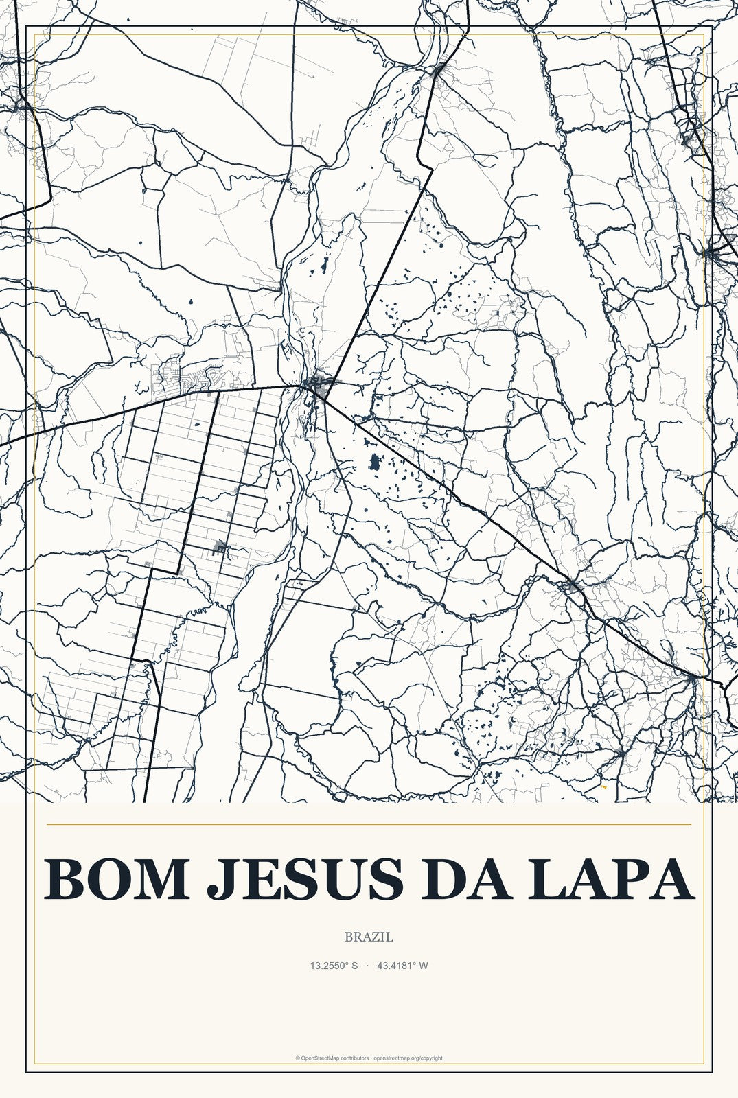 Bom Jesus da Lapa, Brazil City Map Aluminum Sign in Citrine Modern style