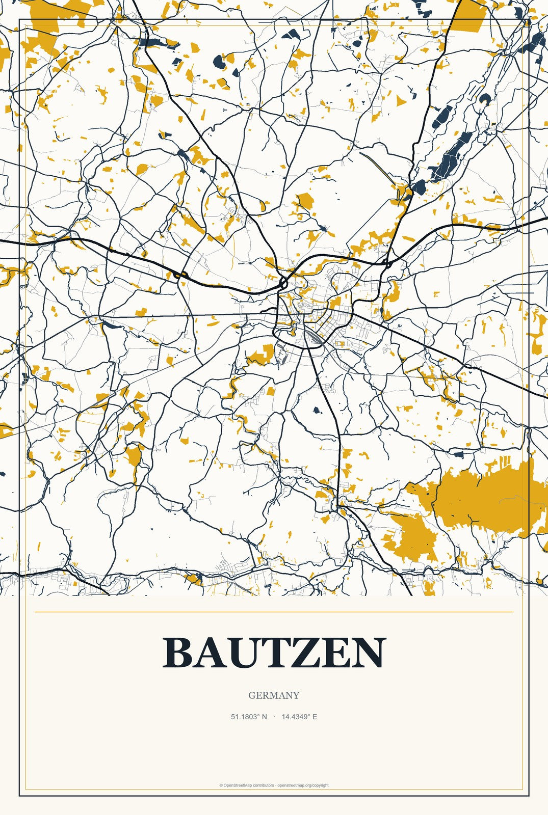 Bautzen, Germany City Map Aluminum Sign in Citrine Modern style