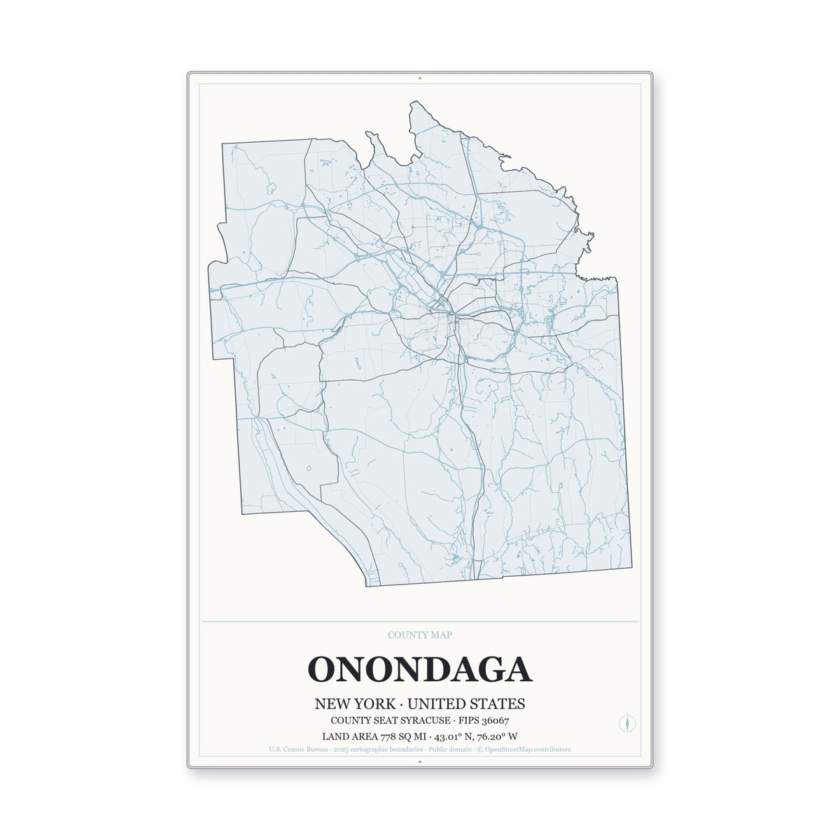 Onondaga County, New York Map Aluminum Sign in Gallery Air style