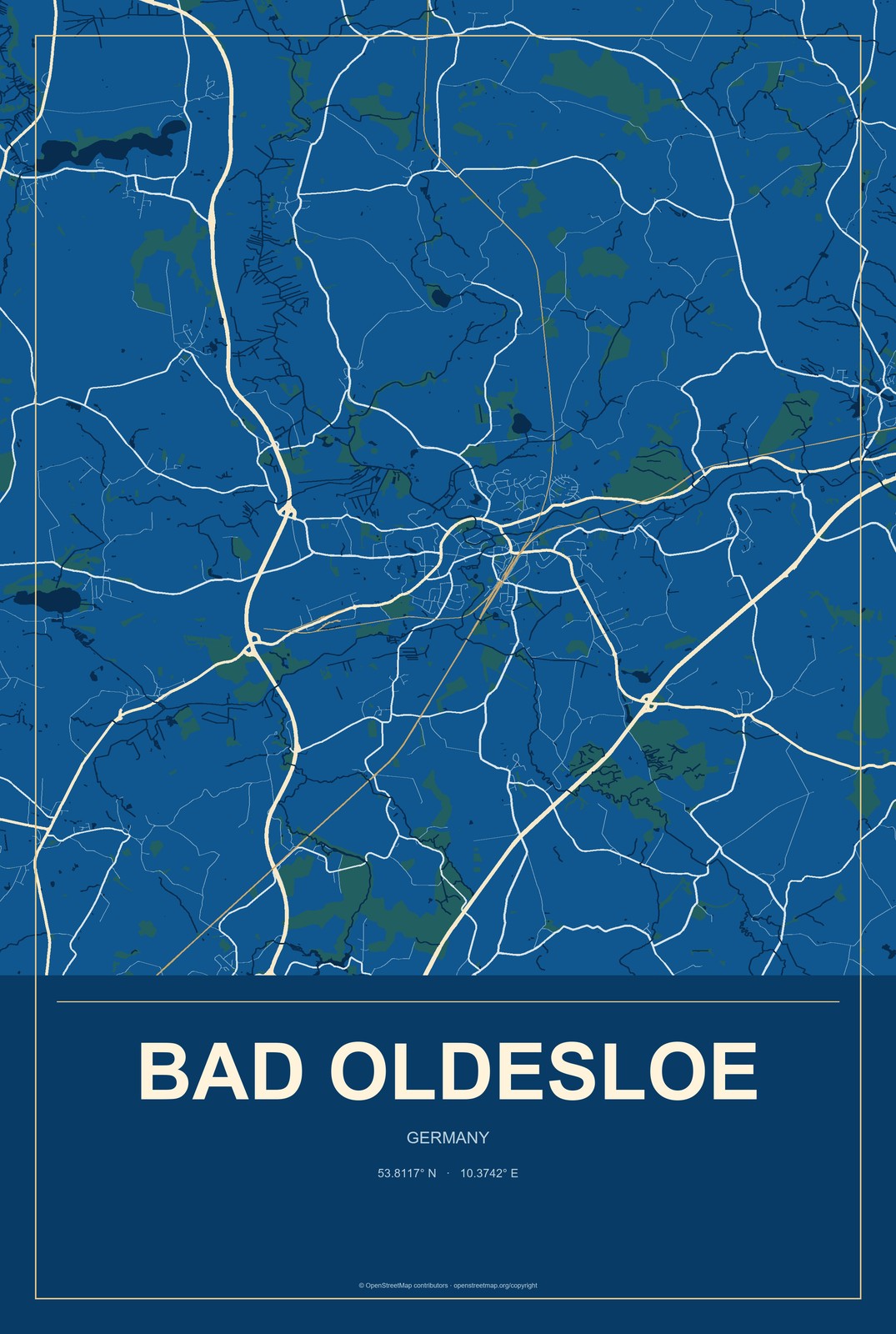 Bad Oldesloe, Germany City Map Aluminum Sign in Harbor Cobalt style