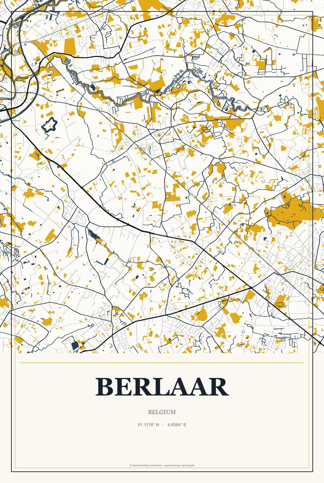 Berlaar, Belgium City Map Aluminum Sign in Citrine Modern style