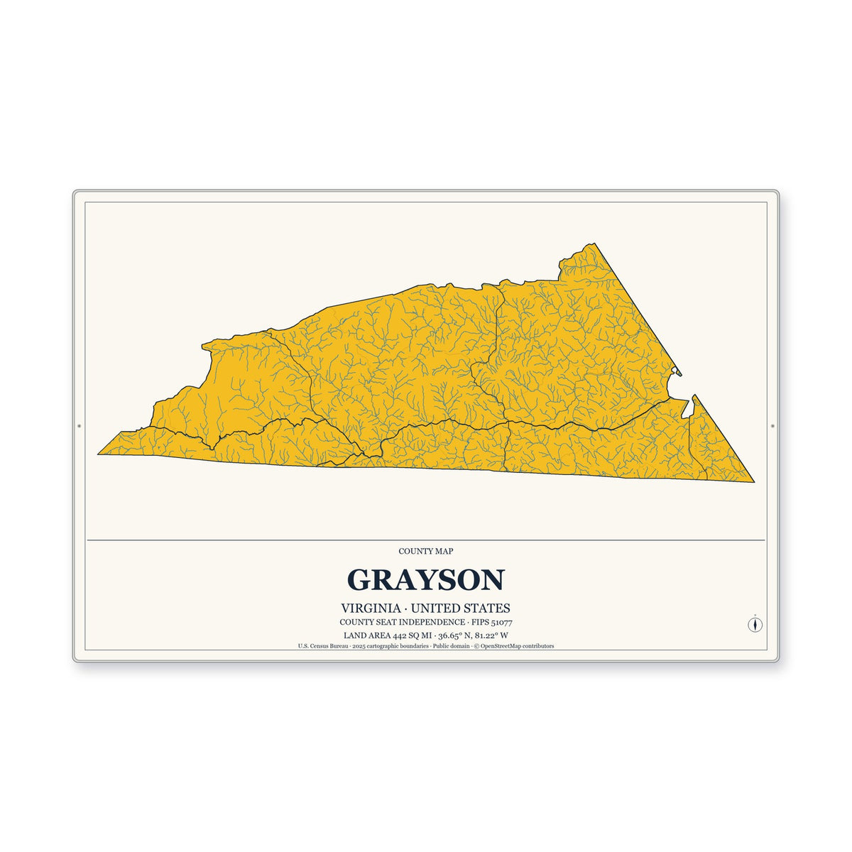 Grayson County, Virginia Map Aluminum Sign in Citrine Modern style