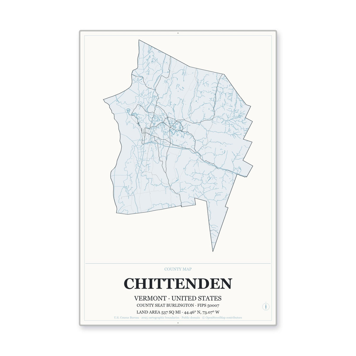 Chittenden County, Vermont Map Aluminum Sign in Gallery Air style
