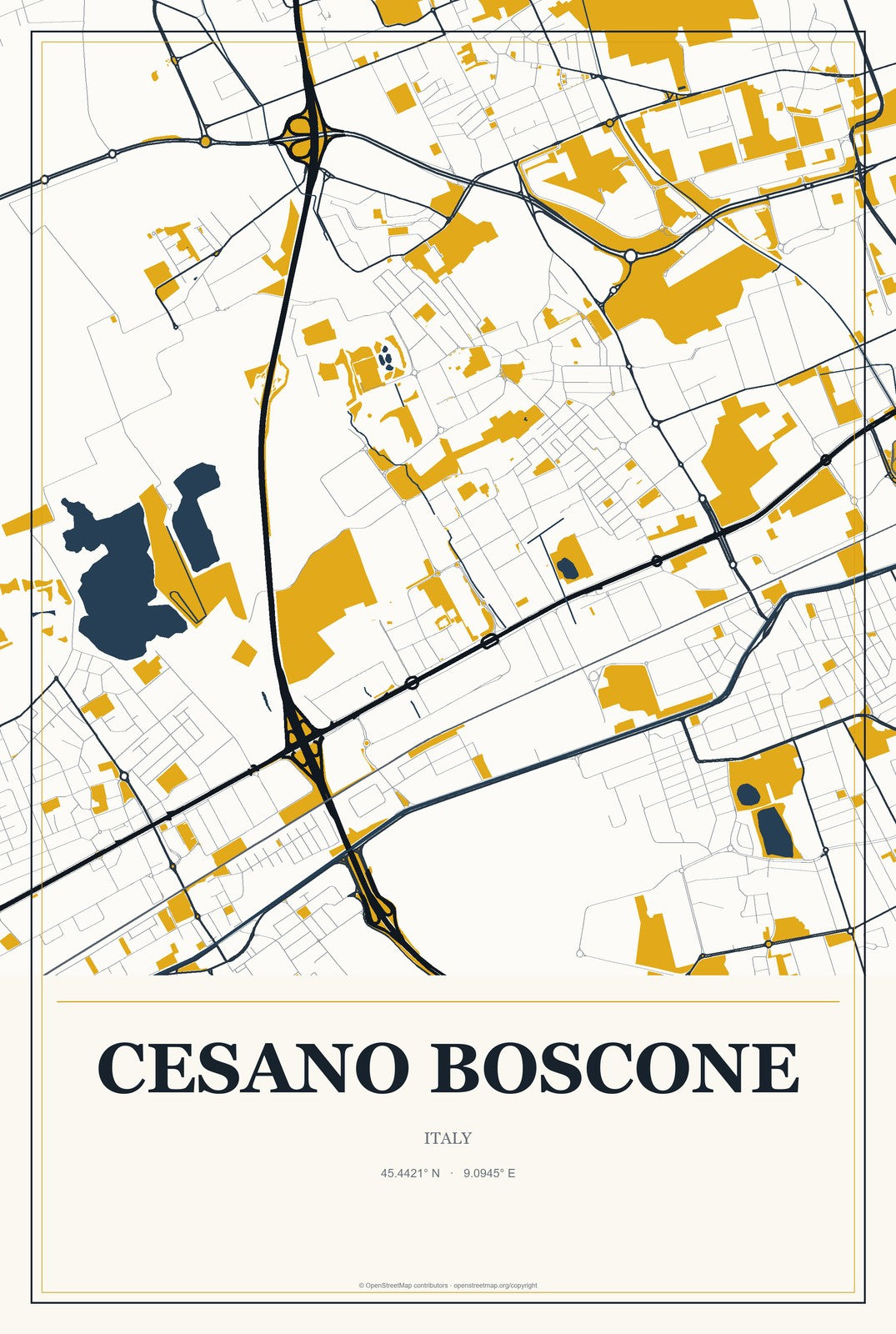 Cesano Boscone, Italy City Map Aluminum Sign in Citrine Modern style