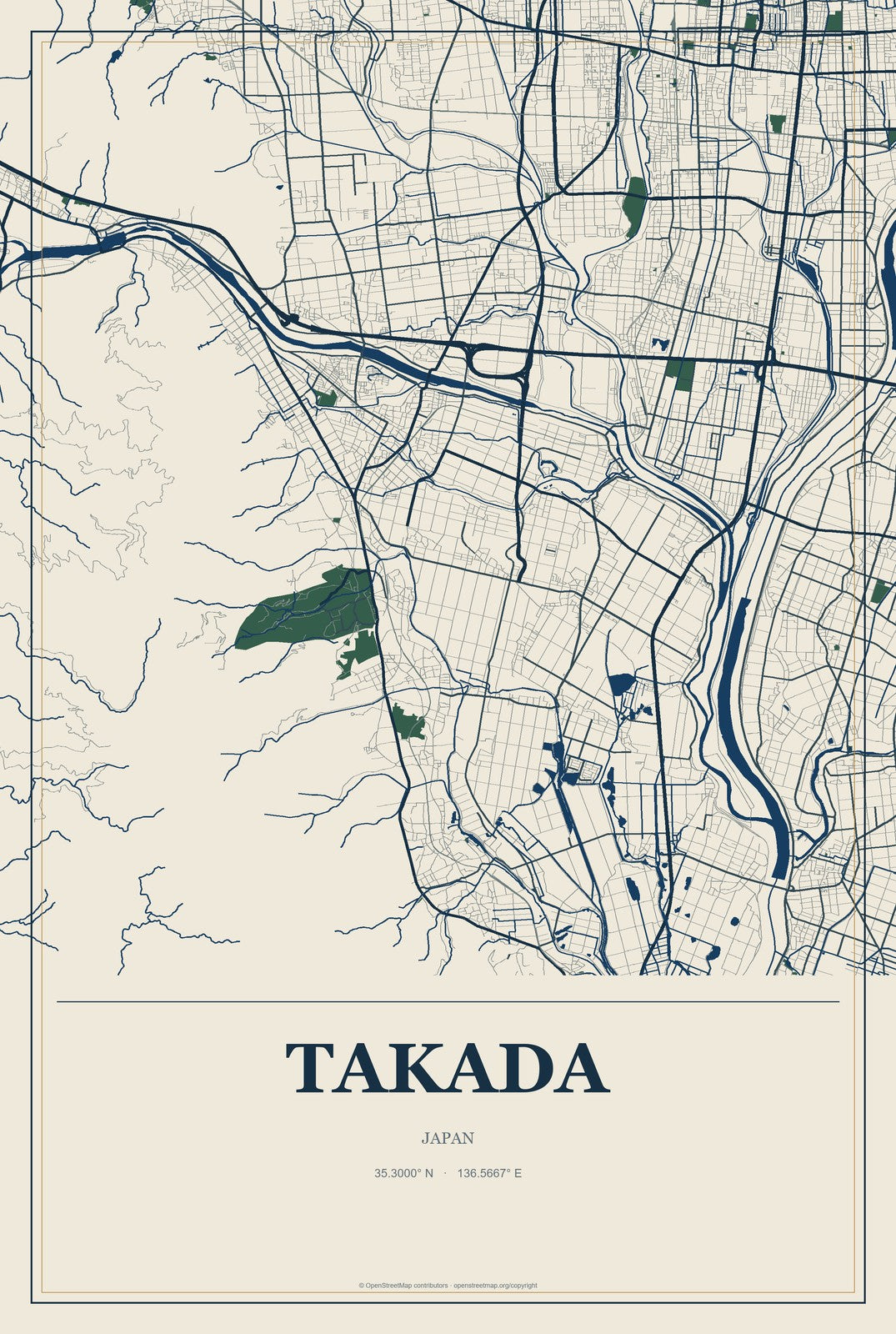 Takada, Japan City Map Aluminum Sign in Coastal Cutout style