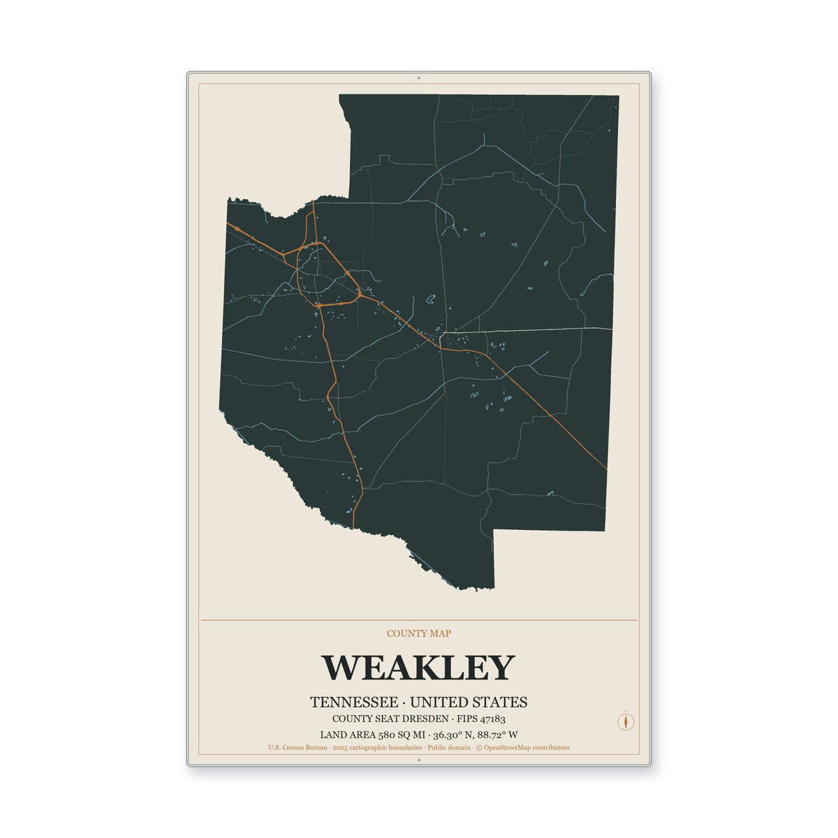 Weakley County, Tennessee Map Aluminum Sign in Headline Atlas style