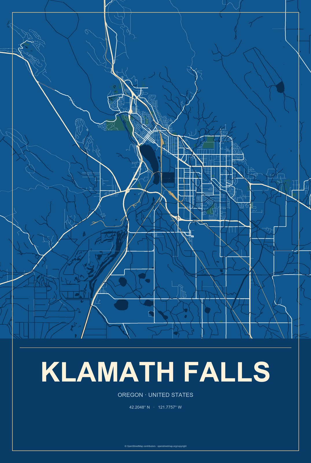Klamath Falls, Oregon City Map Aluminum Sign in Harbor Cobalt style
