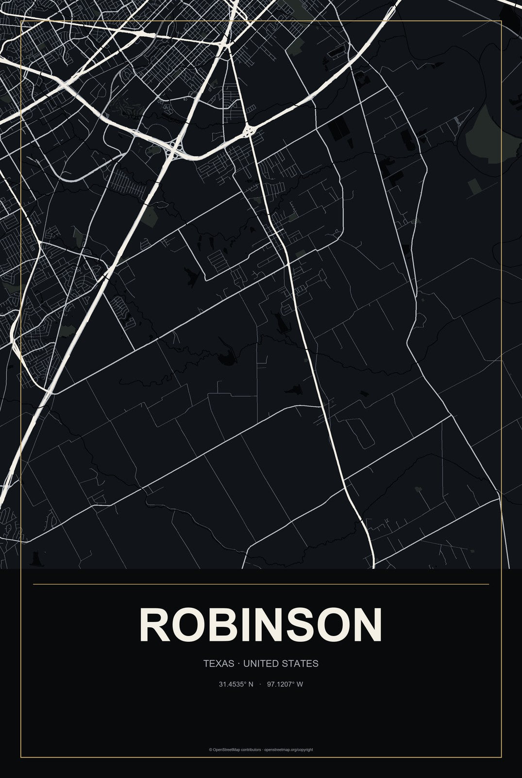 Robinson, Texas City Map Aluminum Sign in Metropolitan Noir style