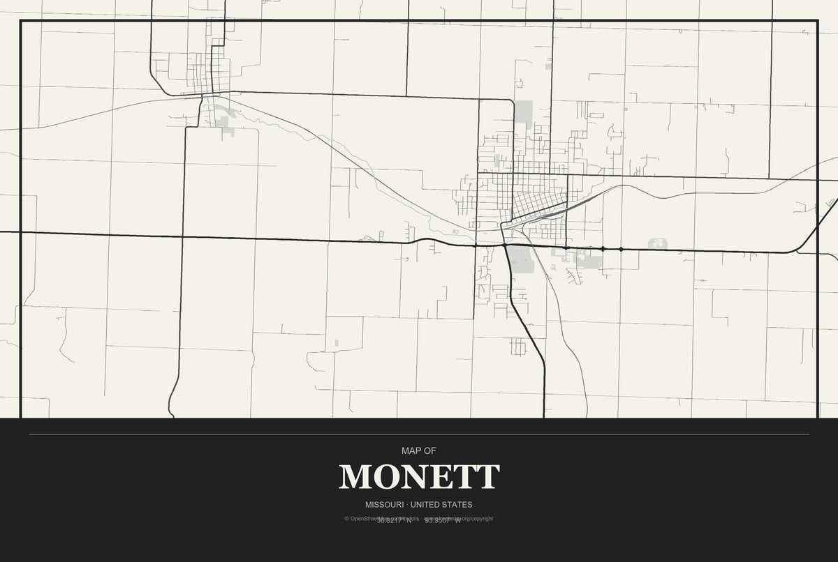 Monett, Missouri City Map Aluminum Sign in Museum Plaque style